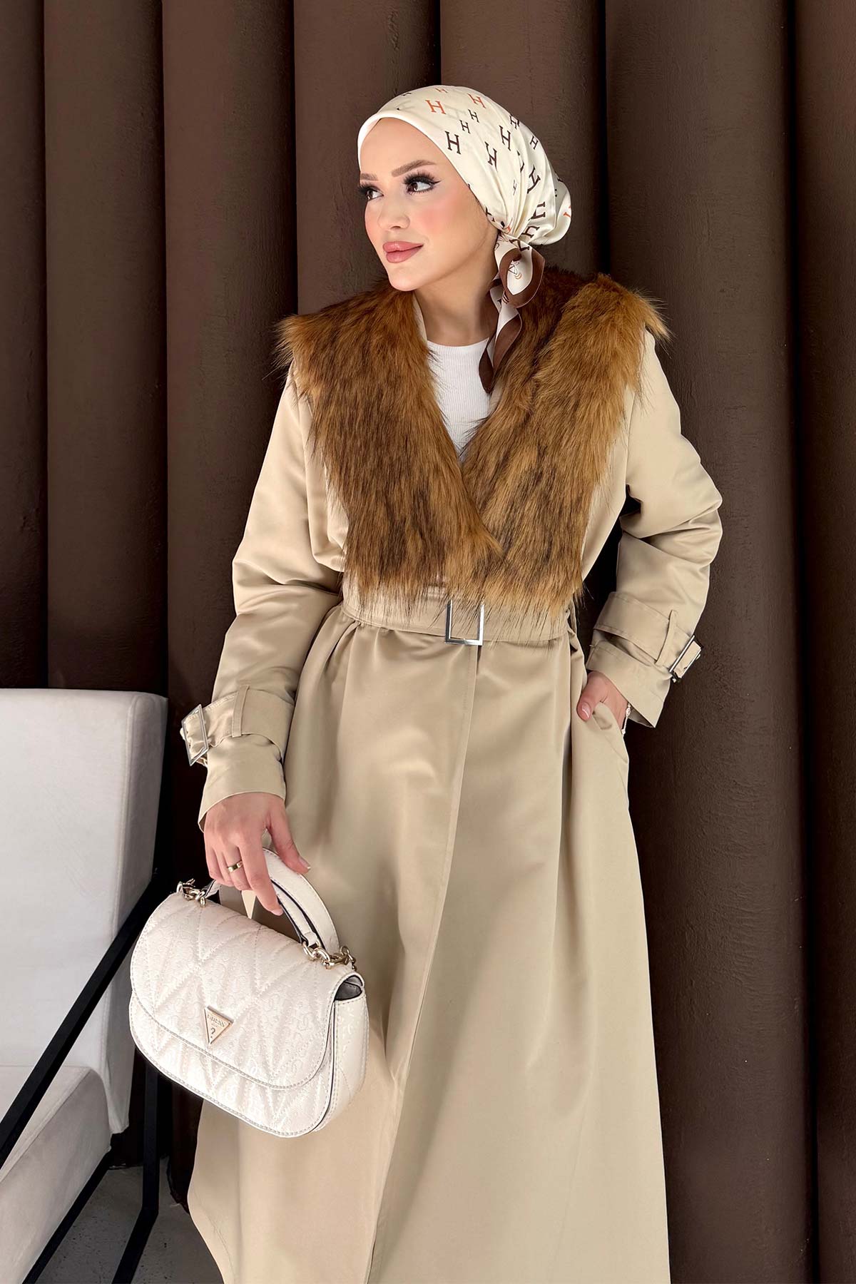 Kürklü Uzun Trençkot 32-3724