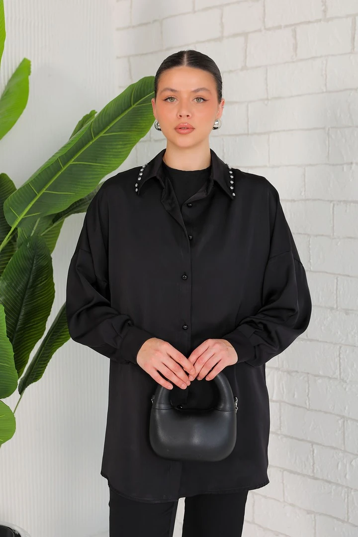 Yakası Taşlı Saten Gömlek 32-2057