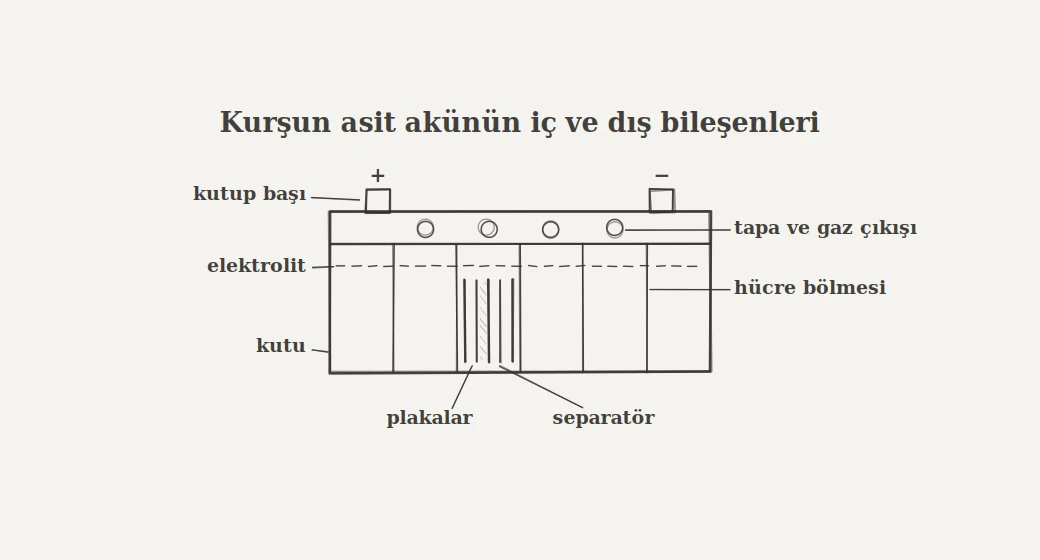 Kurşun asit akünün iç ve dış bileşenleri