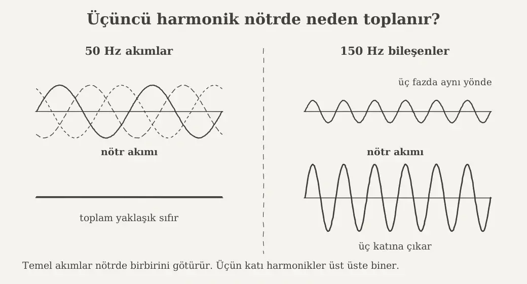 Üç fazlı sistemde temel akımların nötrde sıfırlanması ve üçüncü harmoniklerin nötrde toplanması&nbsp;