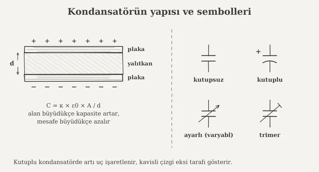 Kondansatörün plaka ve yalıtkan yapısı ile kutupsuz, kutuplu, ayarlı ve trimer sembolleri&nbsp;