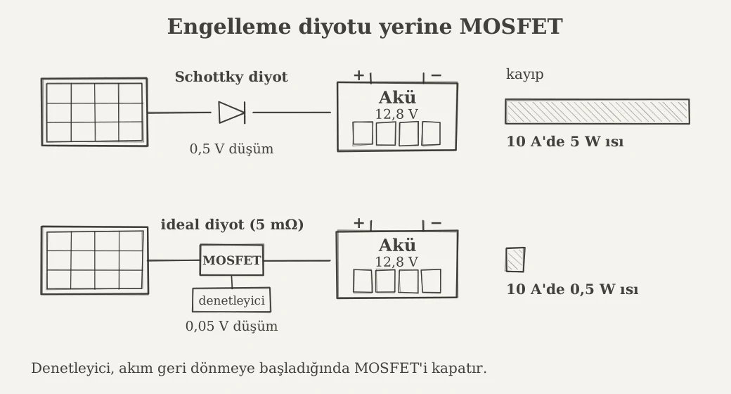 Güneş paneli sisteminde engelleme diyotu yerine MOSFET kullanımı