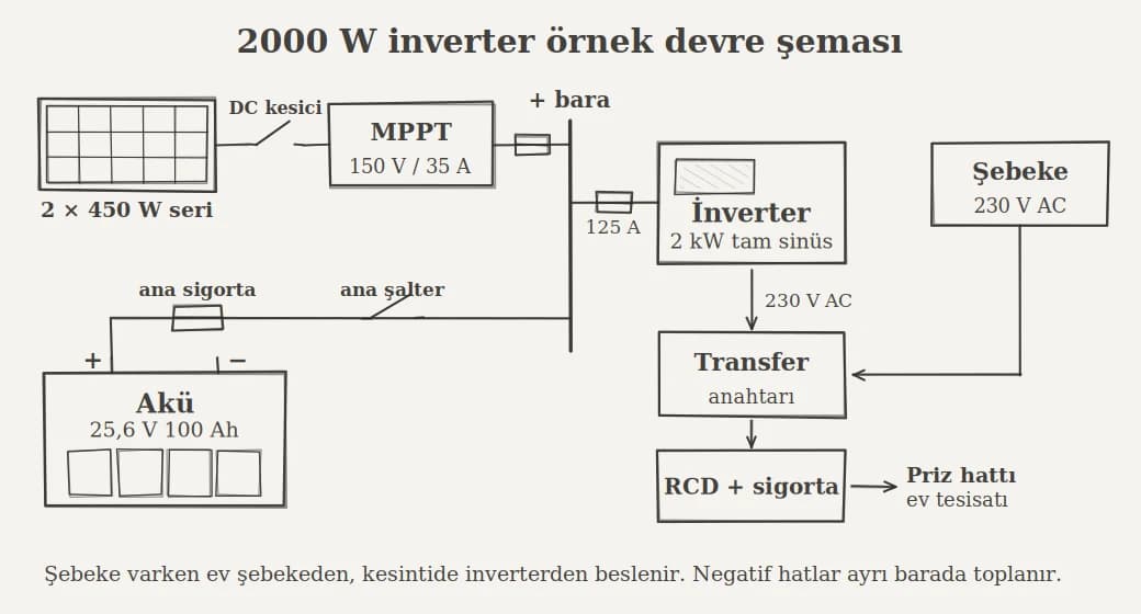 2000w inverter örnek devre şeması: Şebeke varken ev şebekeden; kesintide inverterden beslenir.