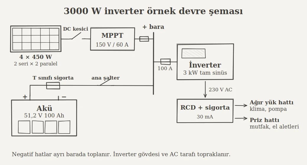 3000 watt inverter örnek devre şeması. Negatif hatlar ayrı barada toplanırken inverter gövdesiyle AC tarafı topraklanır.