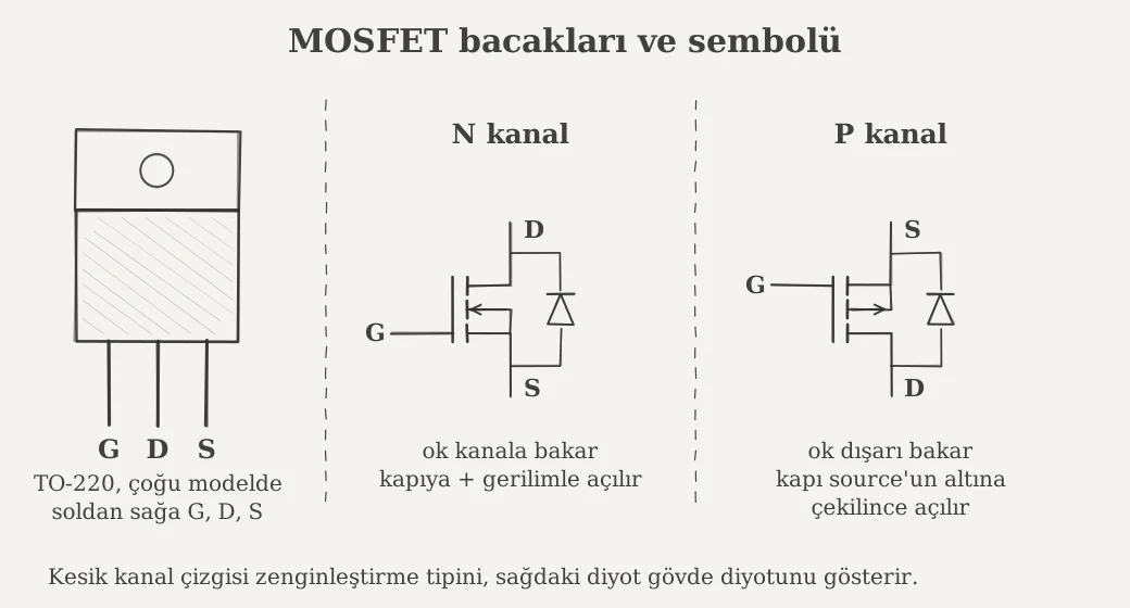 MOSFET bacakları, N ve P Kanal sembolü