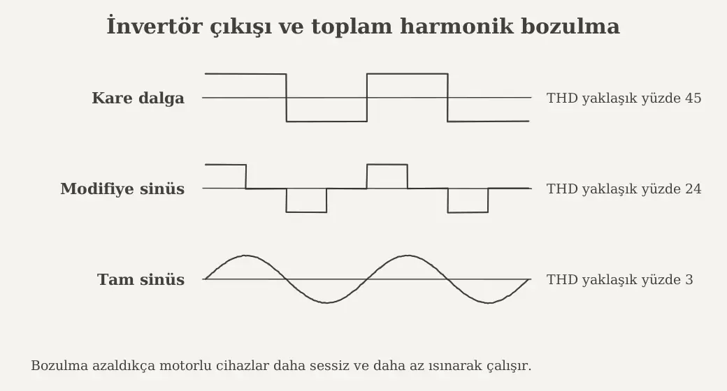 Kare dalga, modifiye sinüs ve tam sinüs invertör çıkışlarının toplam harmonik bozulma değerleri