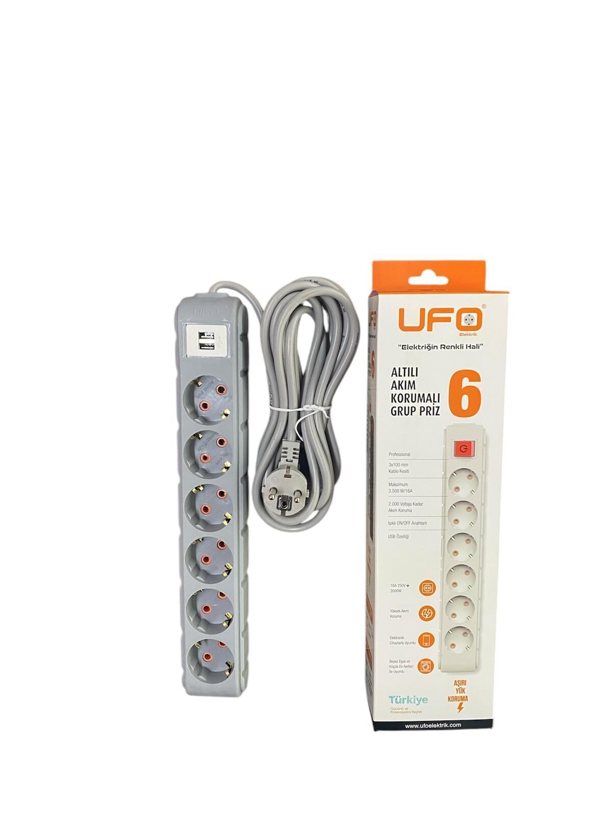 UFO AKIM KORUMALI 6'LI TOPRAKLI USB'Lİ GRUP PRİZ GRİ
