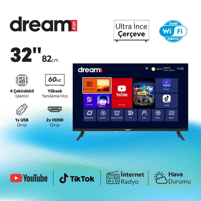 DREAMSTAR 32'' (82cm Ekran) Uydu Alıcılı Led Televizyon TKGS'li