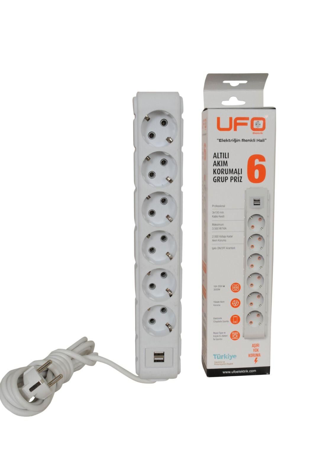 UFO AKIM KORUMALI 6'LI TOPRAKLI USB'Lİ GRUP PRİZ BEYAZ