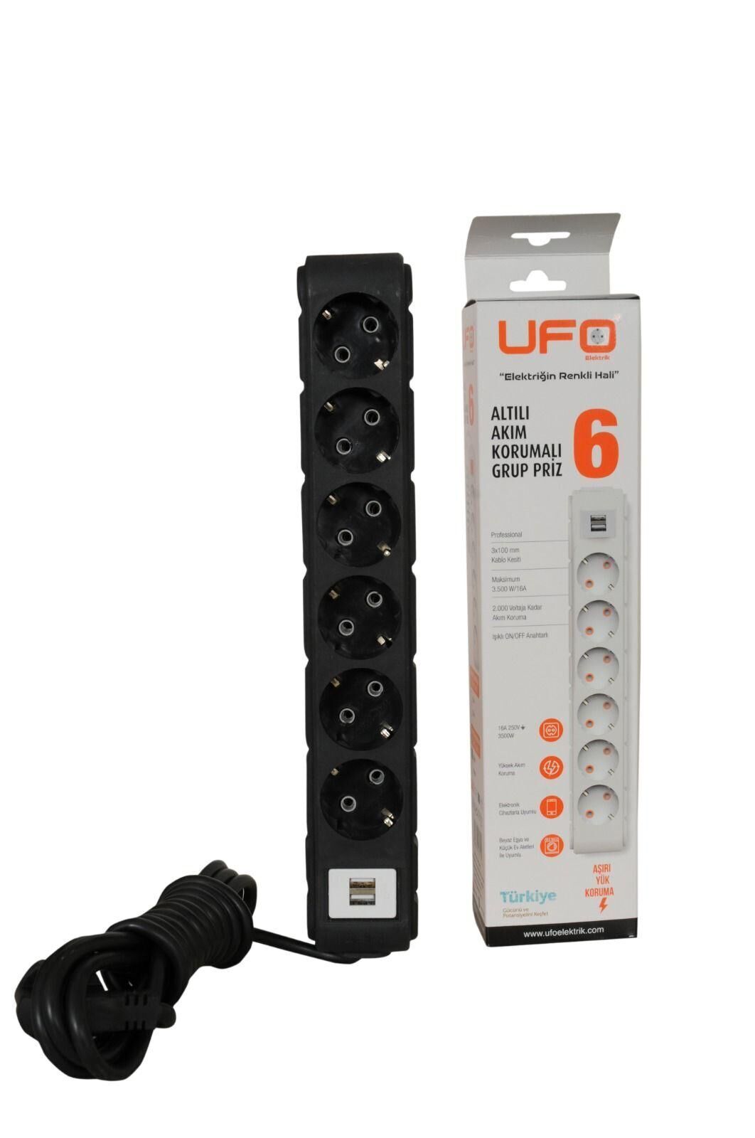 UFO AKIM KORUMALI 6'LI TOPRAKLI USB'Lİ GRUP PRİZ SİYAH