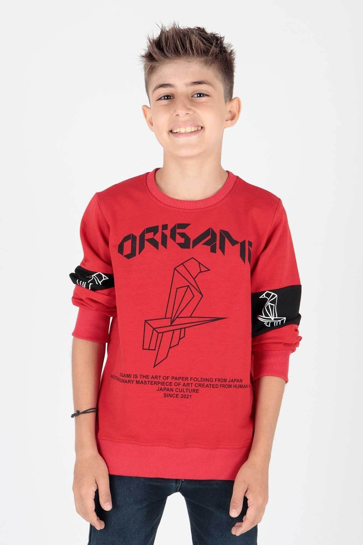 Ahenk Kids Origami Baskılı Erkek Sweat AK15160 - Kırmızı