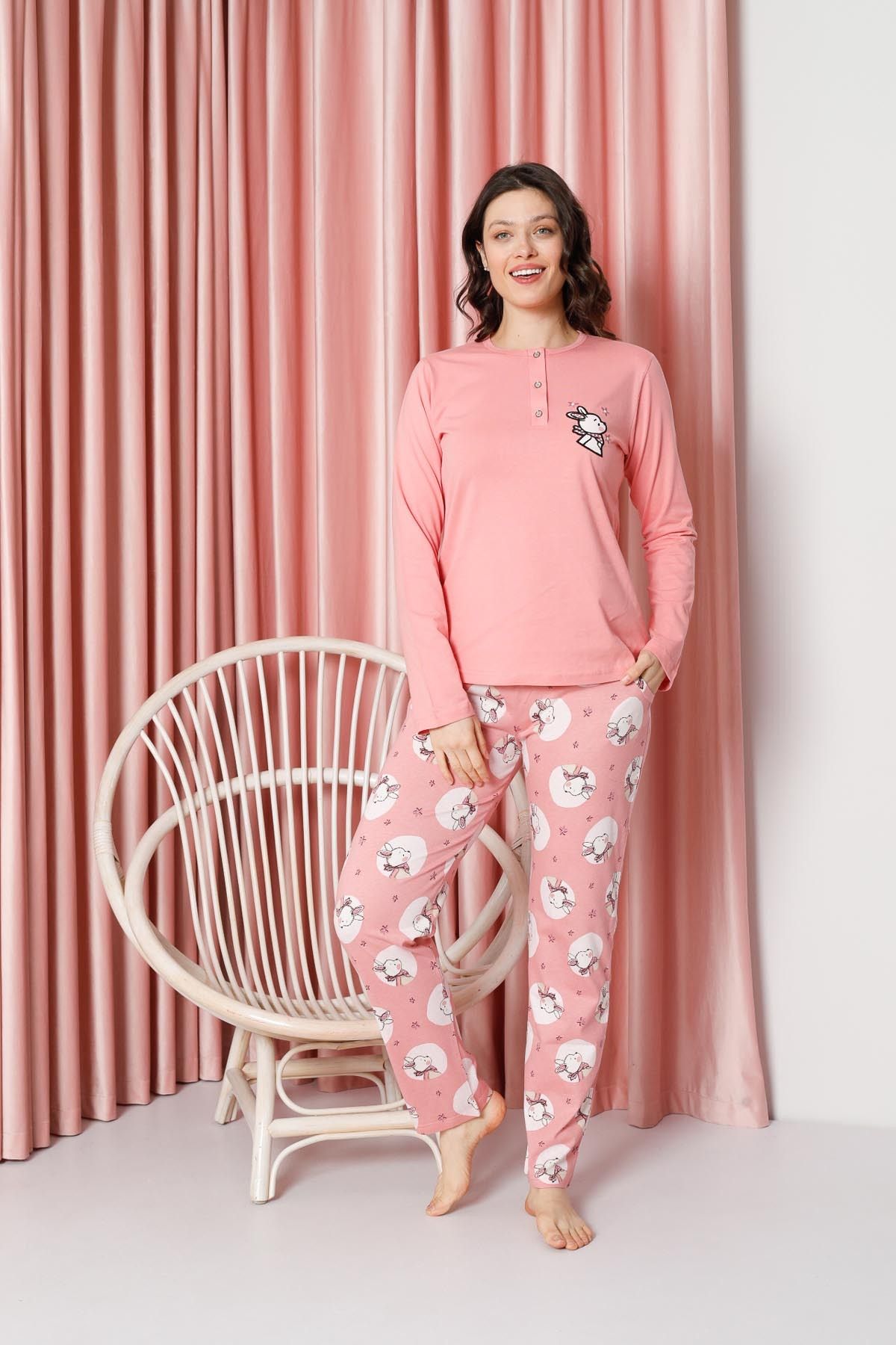 Kadın Pijama Takımı Uzun Kollu Tavşan Desenli Pamuklu Süprem