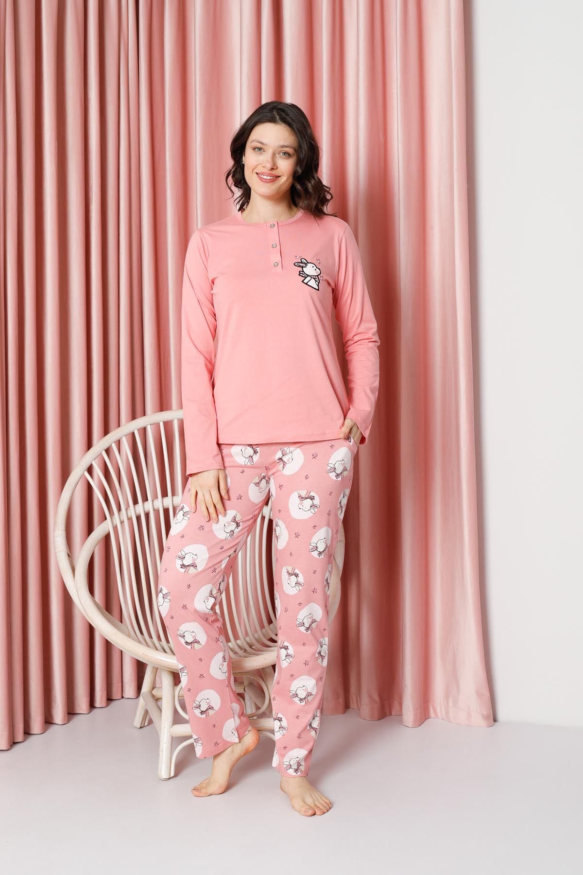Kadın Pijama Takımı Uzun Kollu Tavşan Desenli Pamuklu Süprem