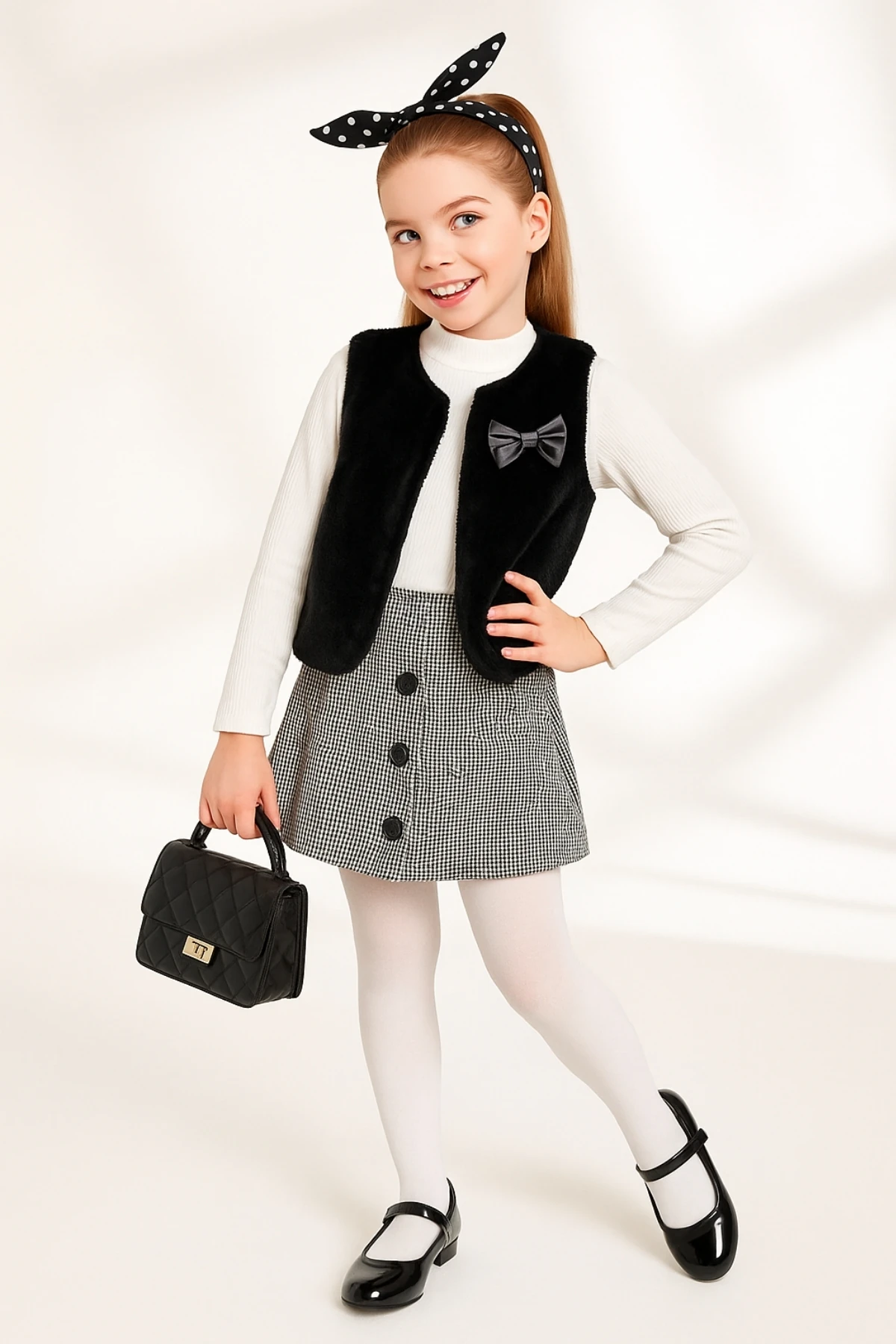 Kız Çocuk Fırfır Yakalı Bluz & Ekose Şort Etek 2 li Set Takım Ak4155