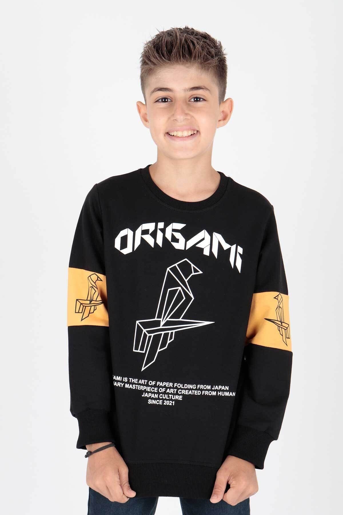 Ahenk Kids Origami Baskılı Erkek Sweat AK15160 - Siyah