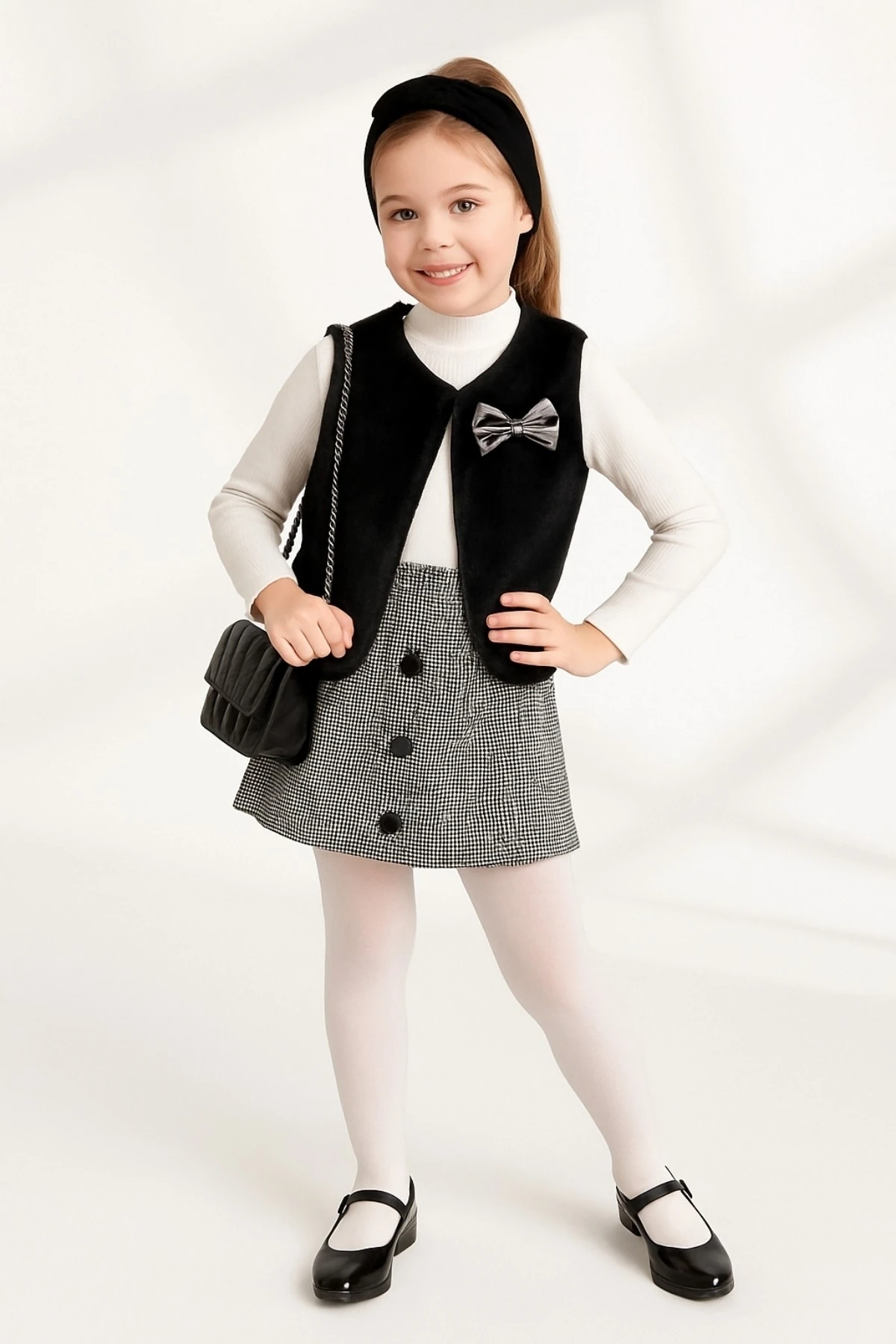 Kız Çocuk Fırfır Yakalı Bluz & Ekose Şort Etek 2 li Set Takım Ak4155 - Siyah