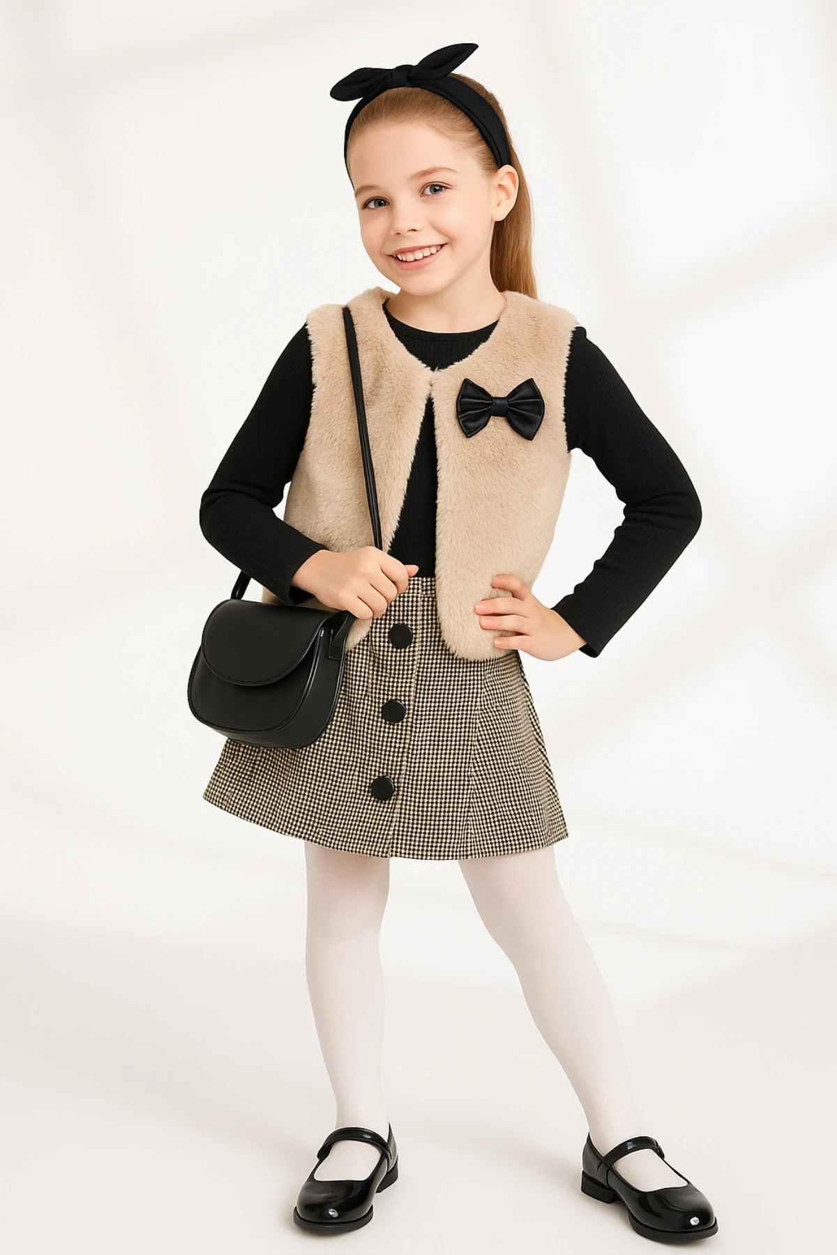 Kız Çocuk Fırfır Yakalı Bluz & Ekose Şort Etek 2 li Set Takım Ak4155 - KREM