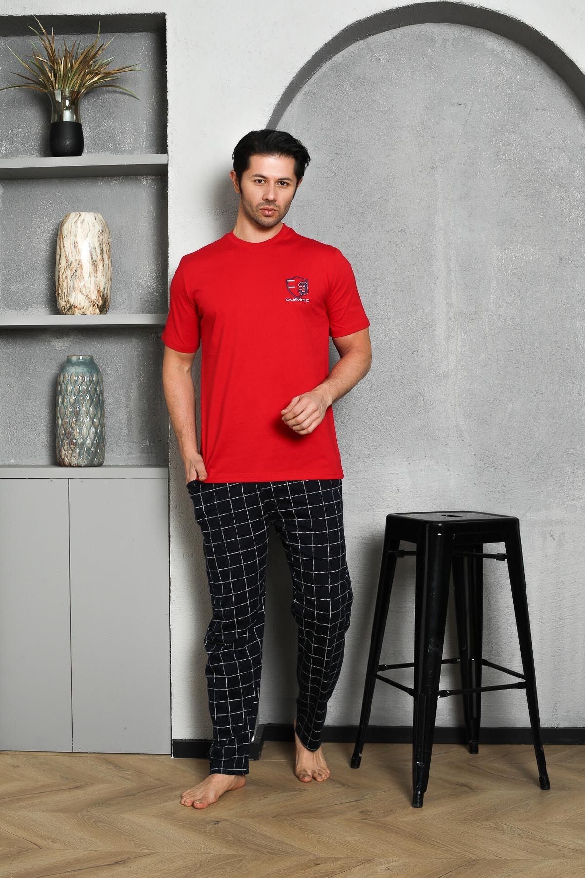 Erkek Pijama Takımı Bisiklet Yaka Kısa Kollu Altı Ekoseli Göğüs Pamuklu Mevsimlik