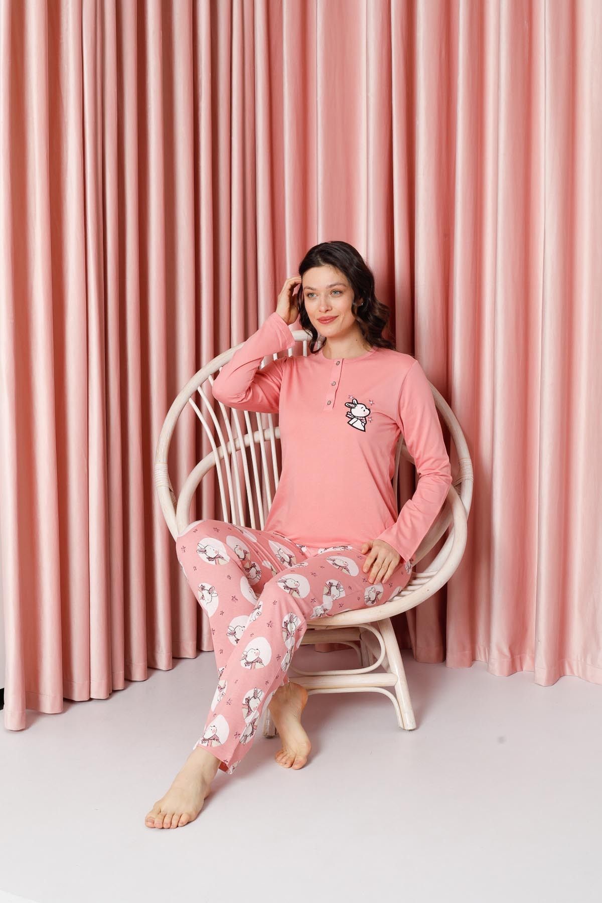 Kadın Pijama Takımı Uzun Kollu Tavşan Desenli Pamuklu Süprem