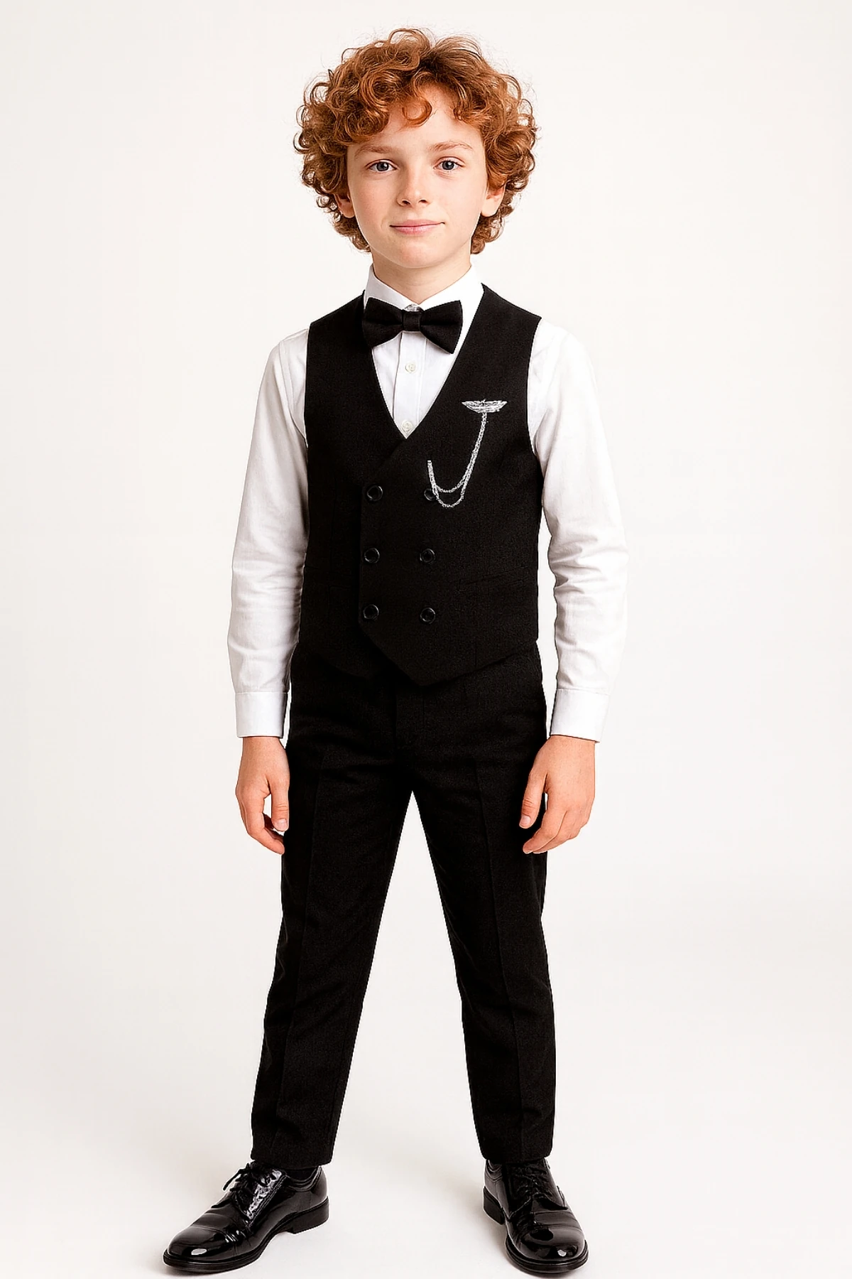 Erkek Çocuk Modern Kesim Papyonlu Yelekli 3’ lü Set Takım Elbise Ak5350 - Siyah