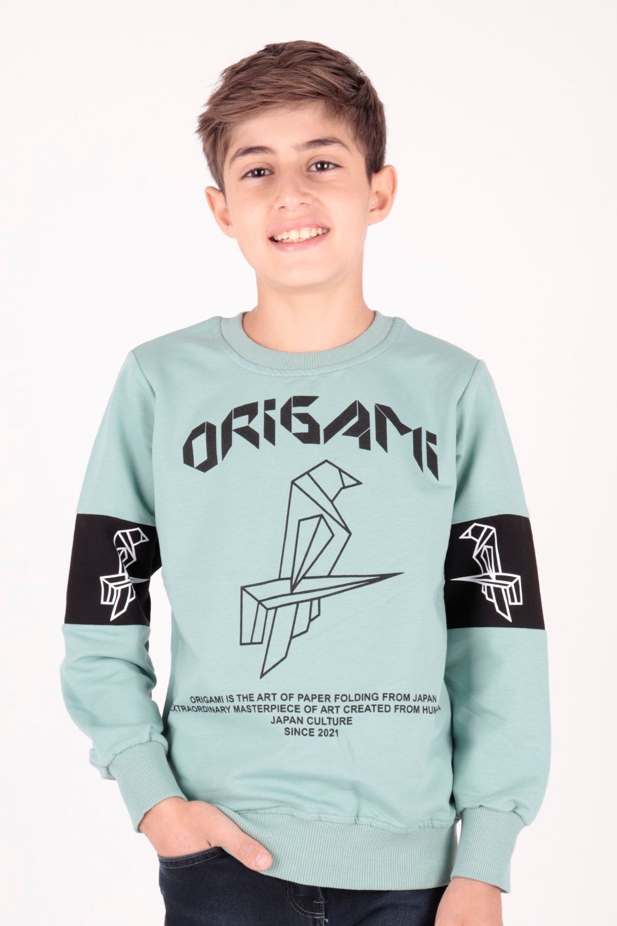 Ahenk Kids Origami Baskılı Erkek Sweat AK15160 - SU YEŞİLİ