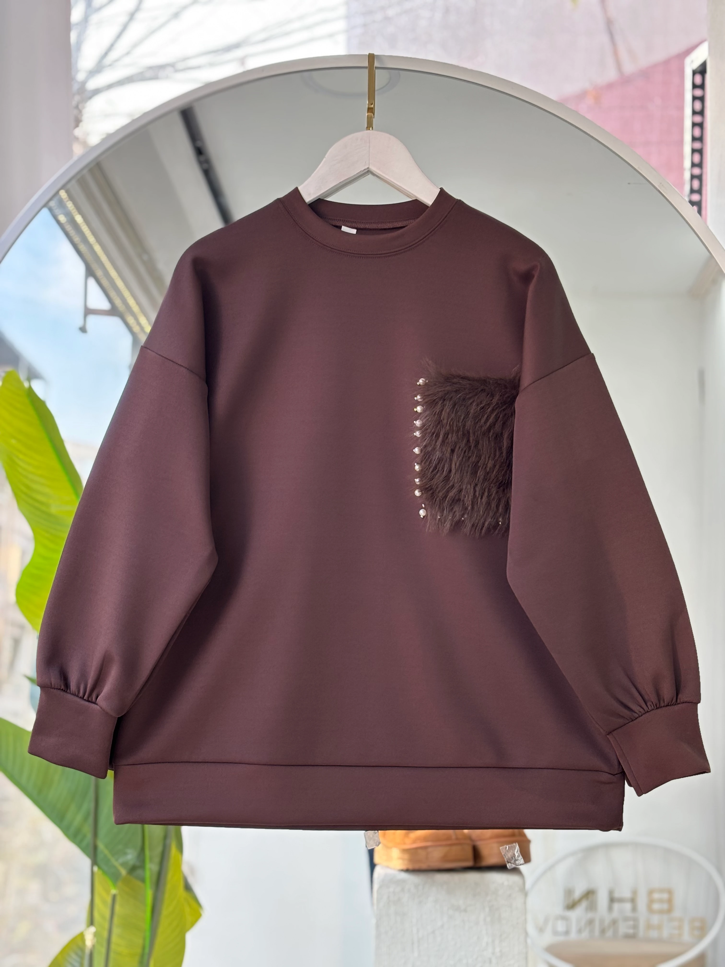 KÜRK VE TAŞ DETAYLI SCUBA SELENA SWEAT KAHVERENGİ