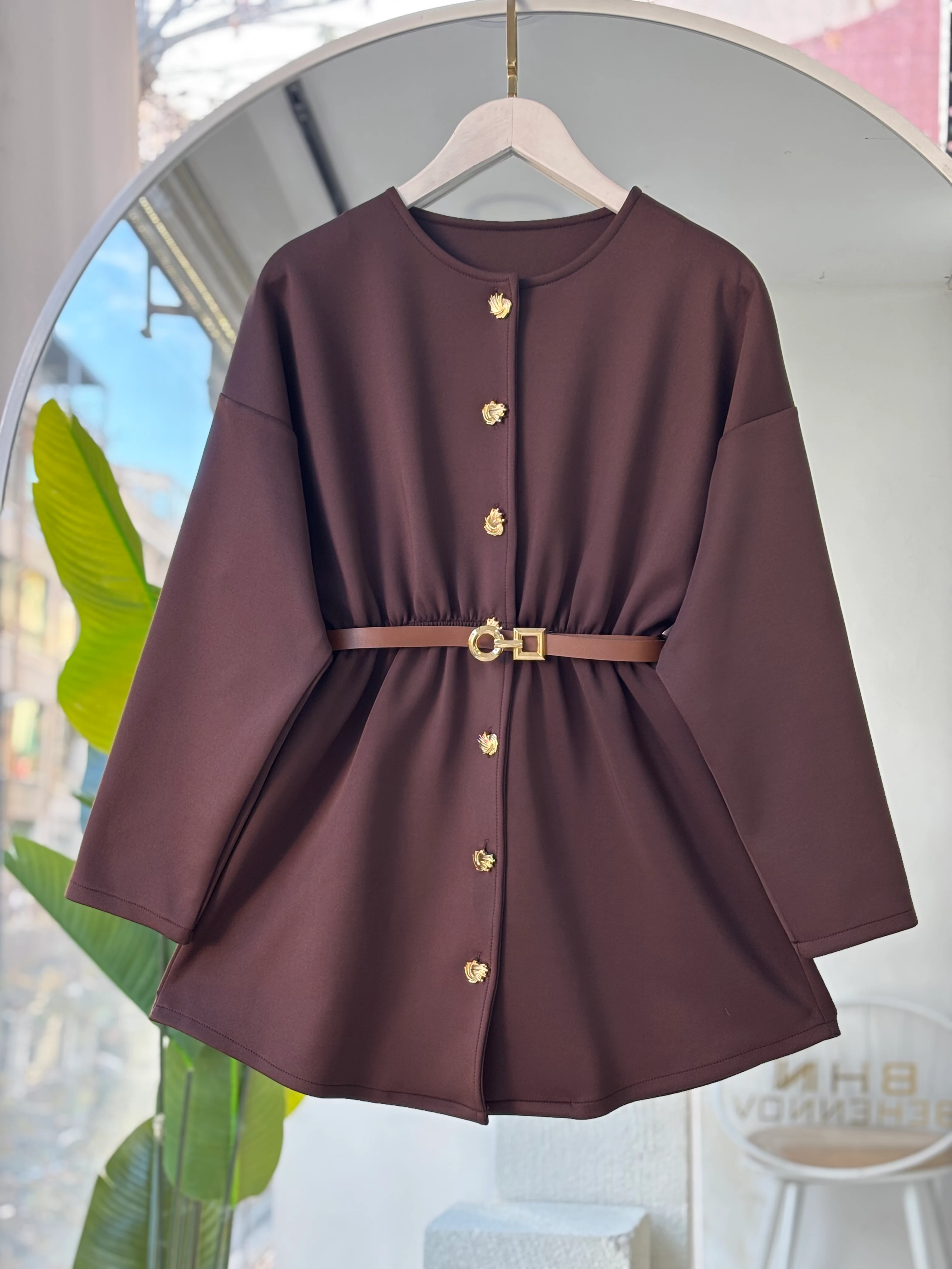 GOLD DÜĞMELİ KEMERLİ SCUBA CEKET KAHVERENGİ 