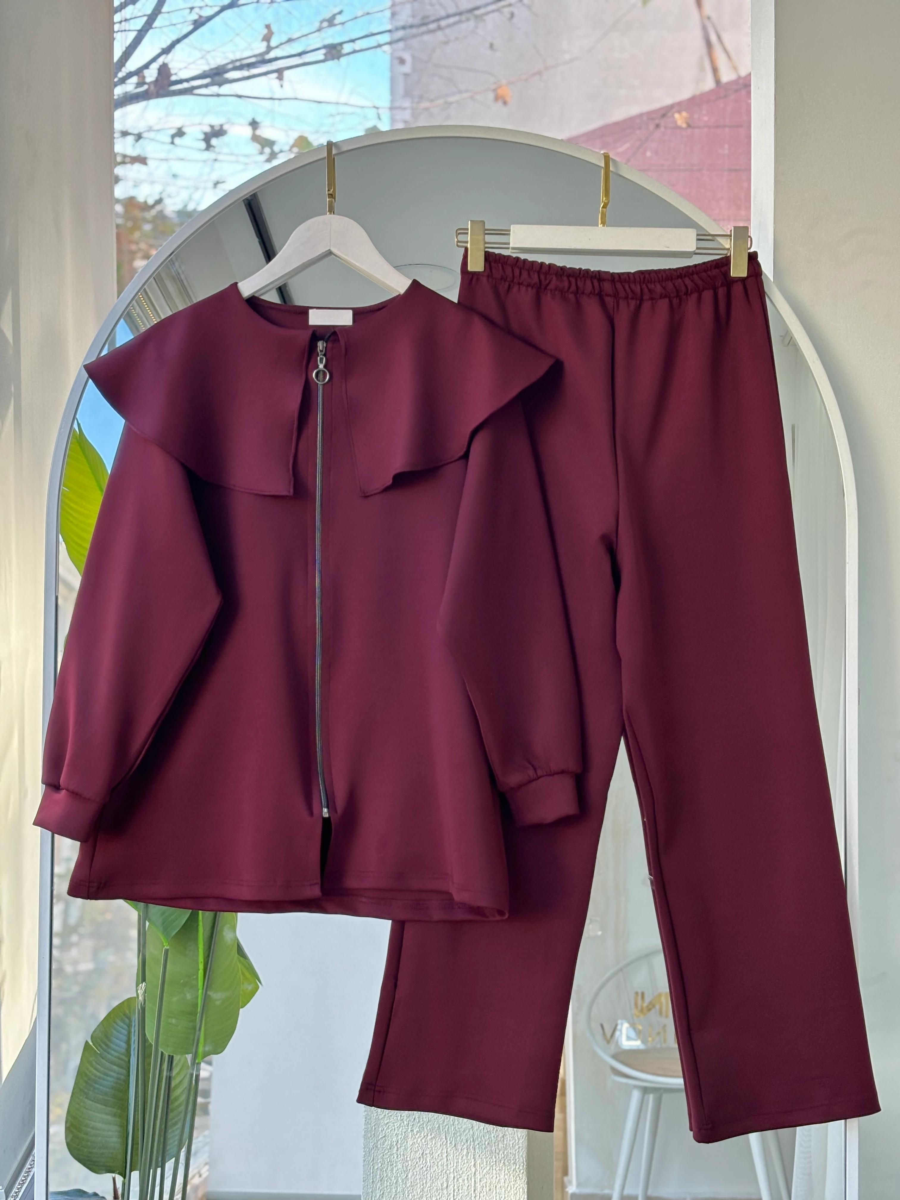 VELURA PELERİN YAKA TAKIM BORDO