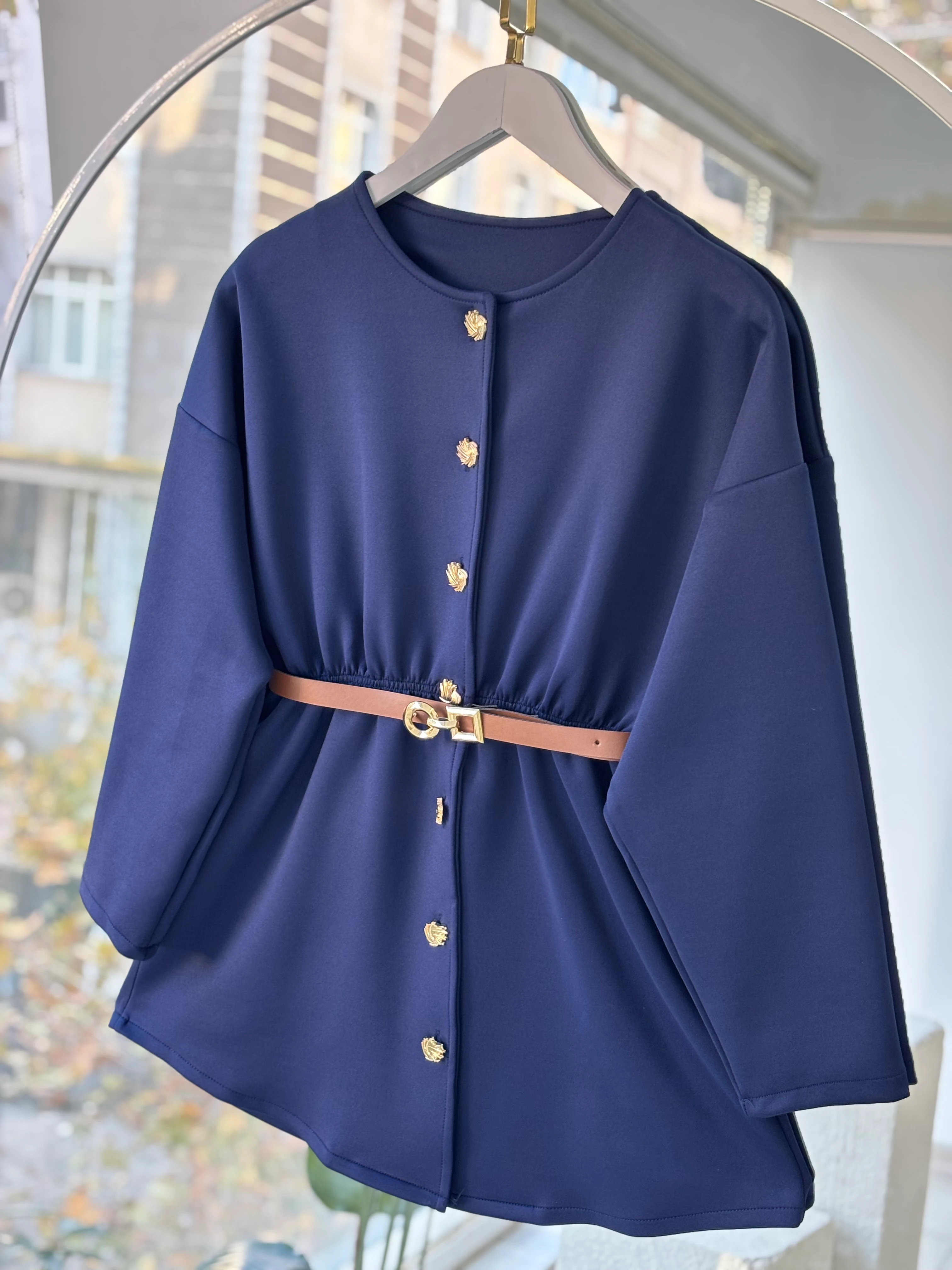 GOLD DÜĞMELİ KEMERLİ SCUBA CEKET LACİVERT