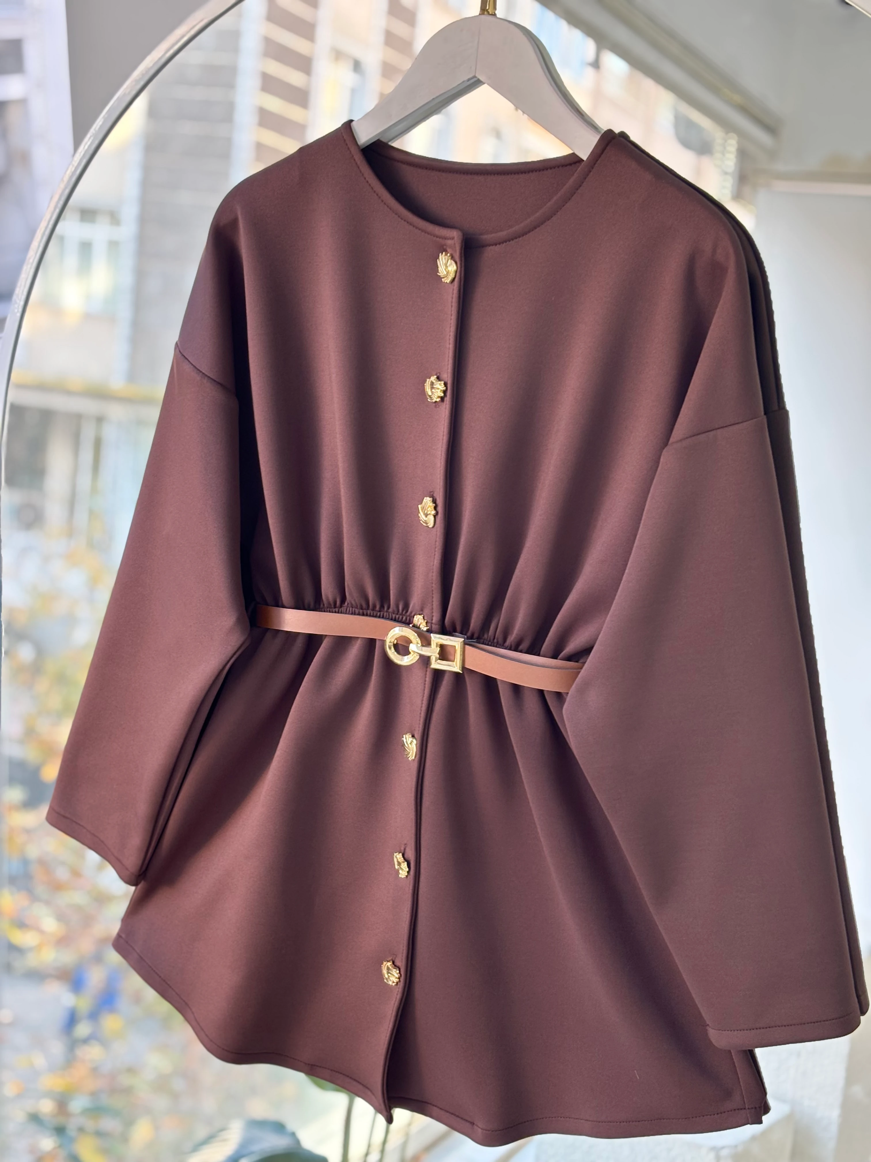 GOLD DÜĞMELİ KEMERLİ SCUBA CEKET KAHVERENGİ 