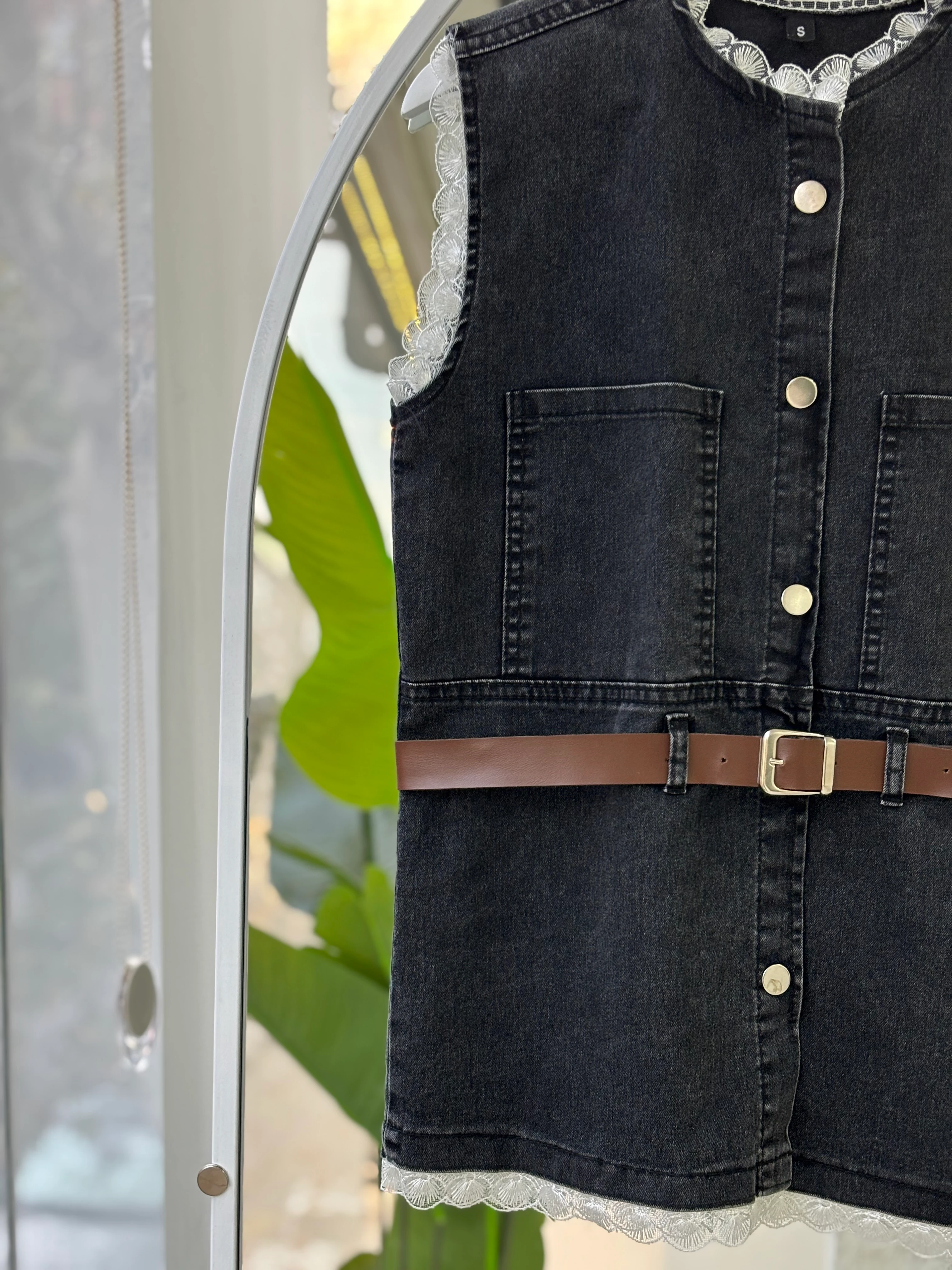 GÜPÜR DETAY KEMER HEDİYELİ DENİM TAKIM GRİ