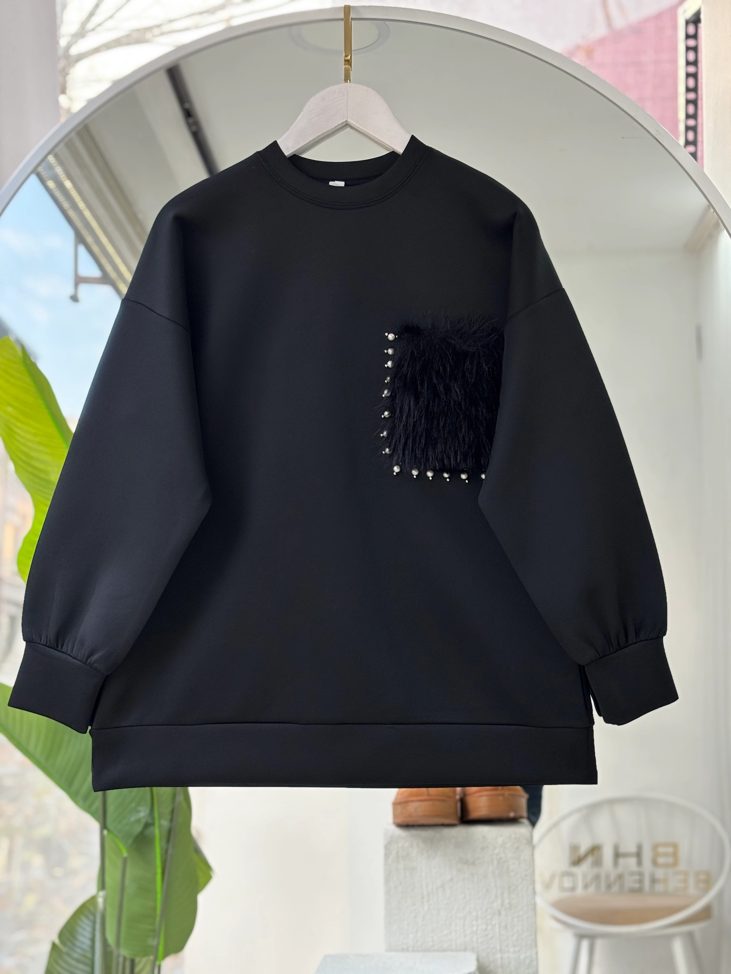 KÜRK VE TAŞ DETAYLI SCUBA SELENA SWEAT SİYAH