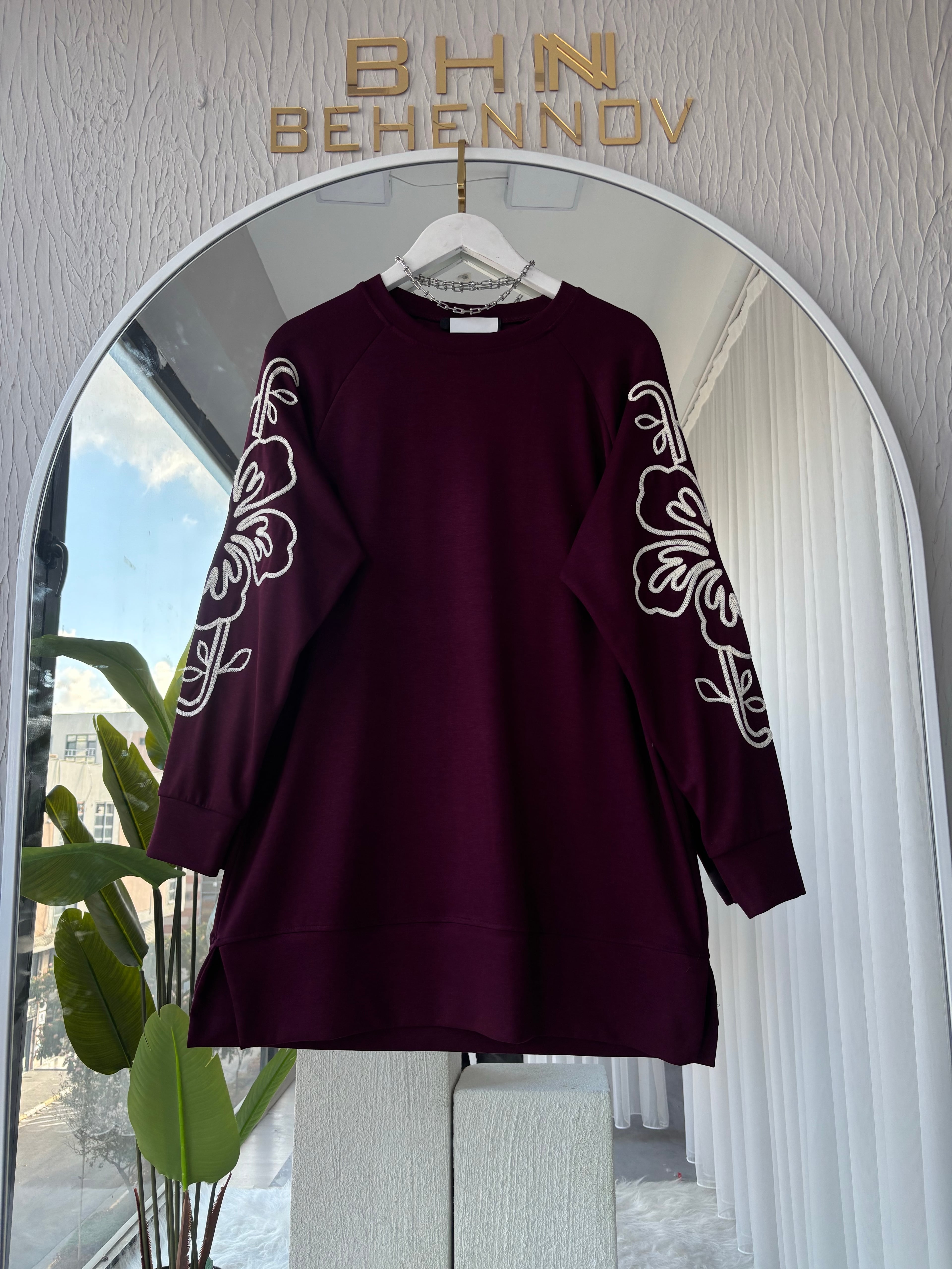 Nakışlı Oyso Kumaş Sweatshirt Bordo 