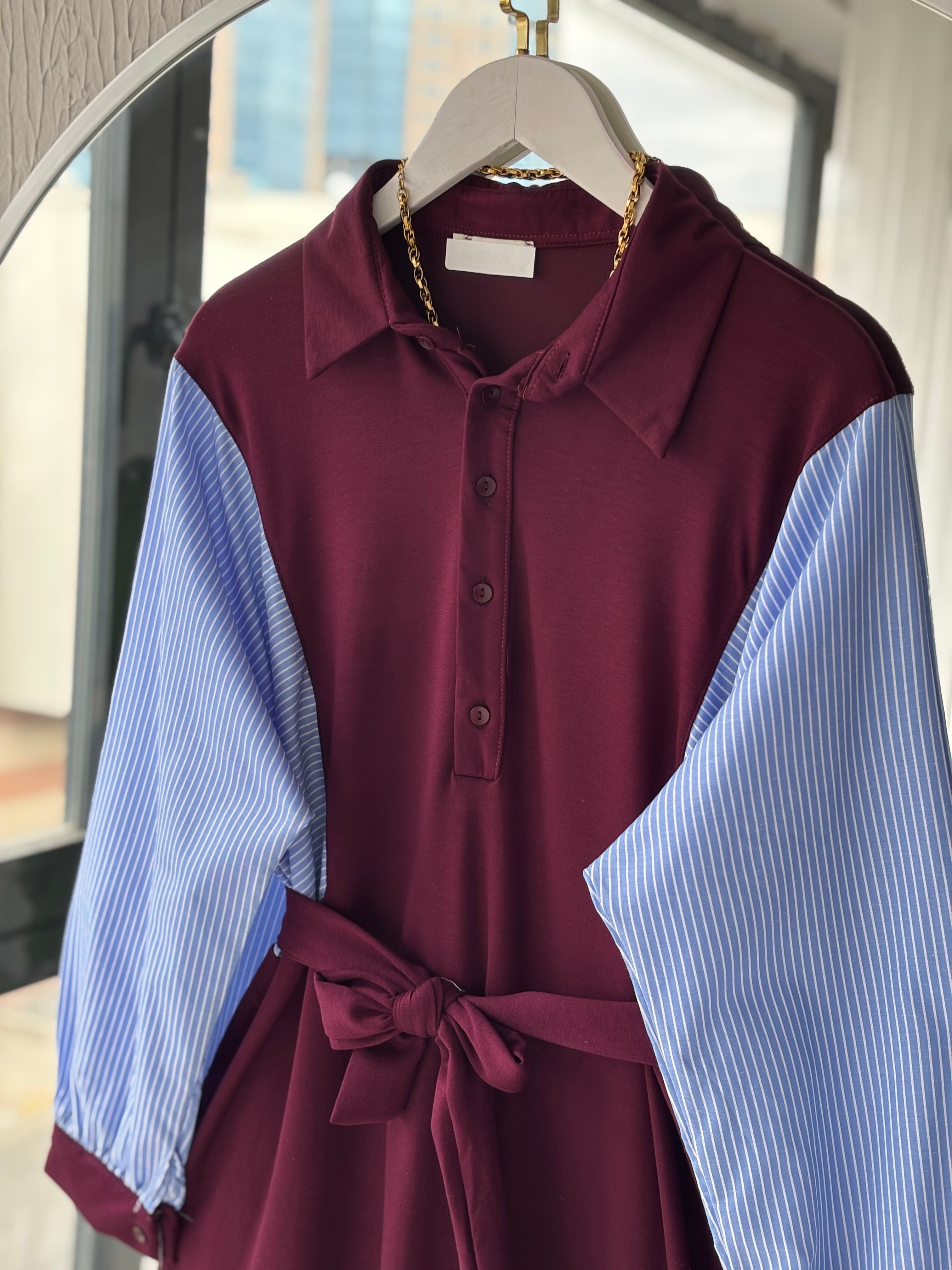GÖMLEK KOLLU OYS KUMAŞ ELBİSE-BORDO