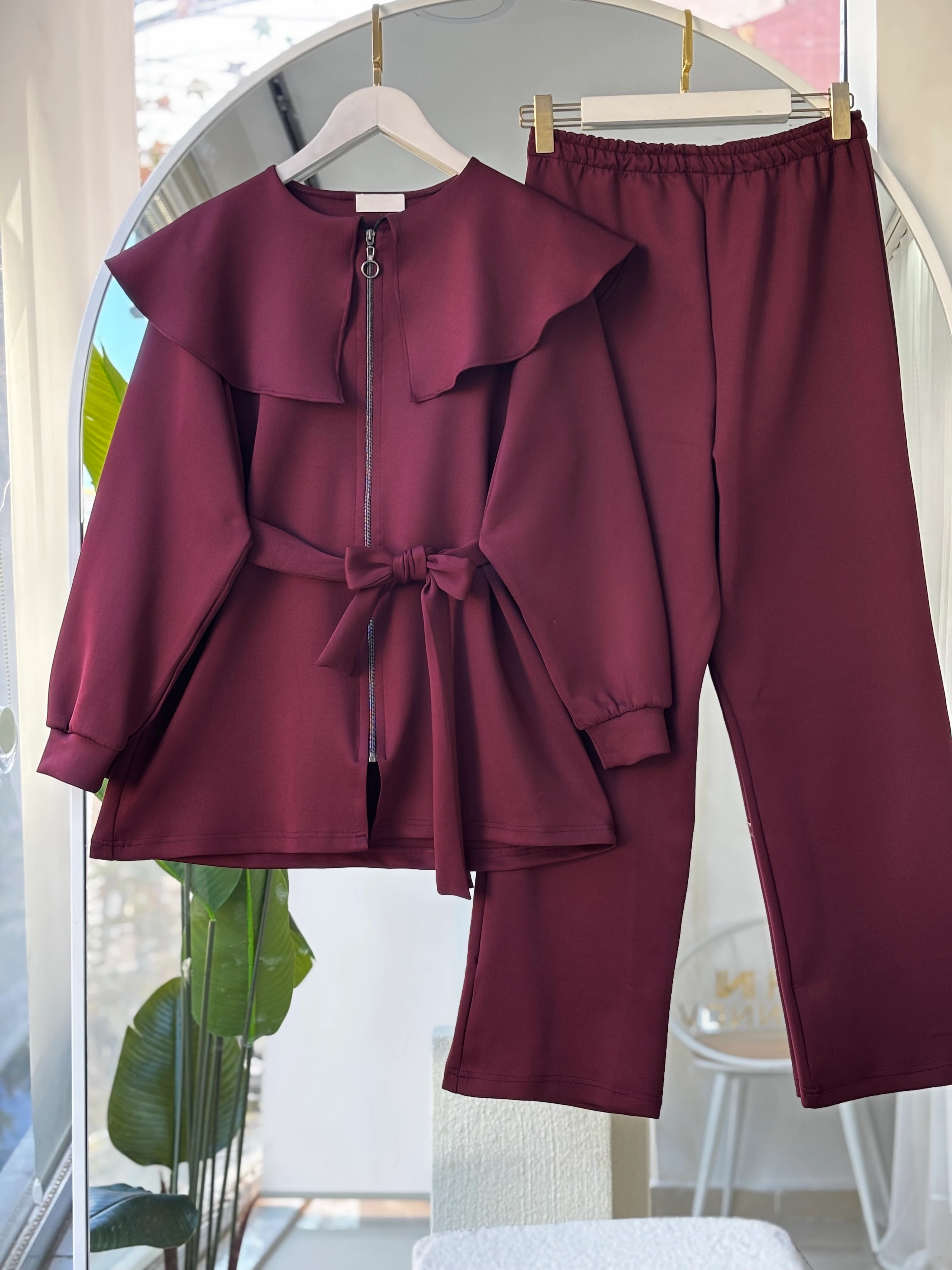 VELURA PELERİN YAKA TAKIM BORDO