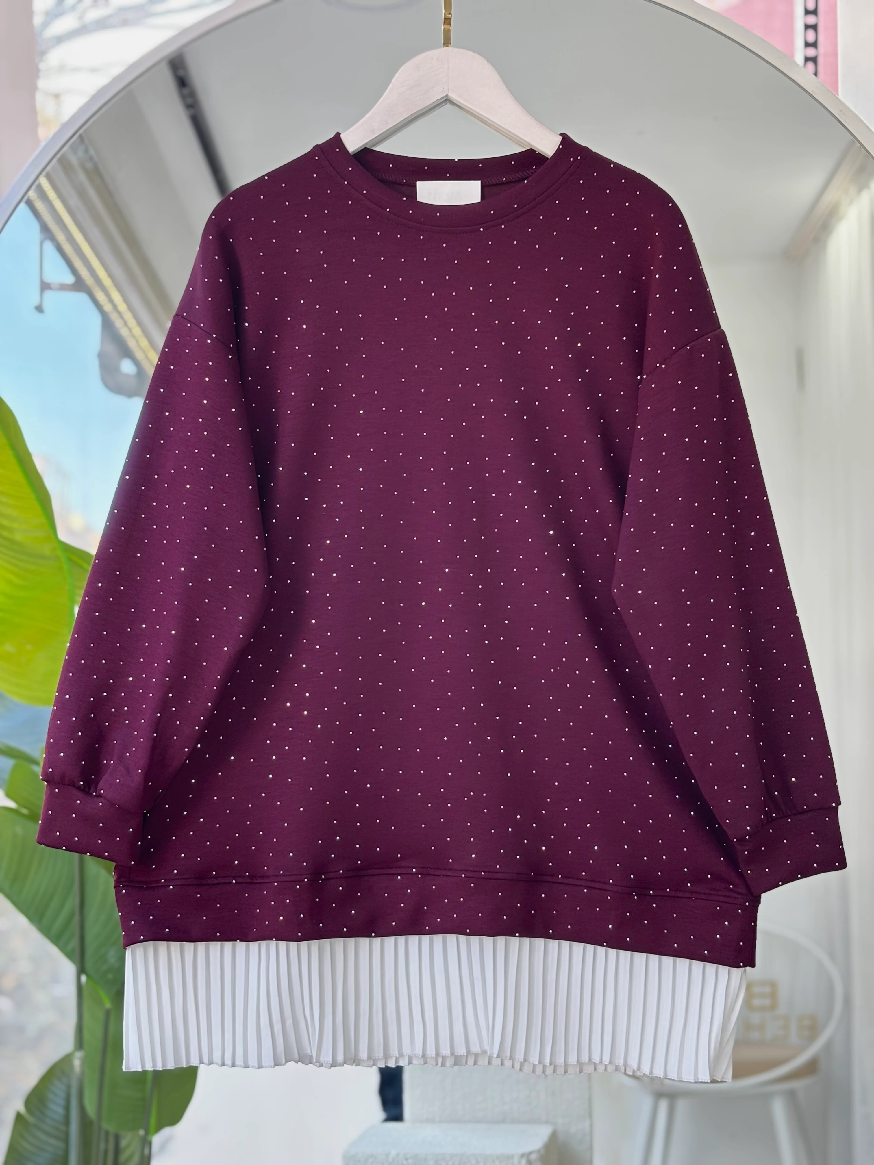 ARKA ÖN TAŞLI PİLİSELİ SWEAT BORDO