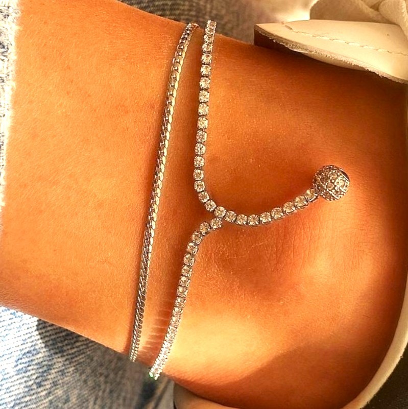 Premium Çiftli Taşlı Halhal (Gümüş Renkli)