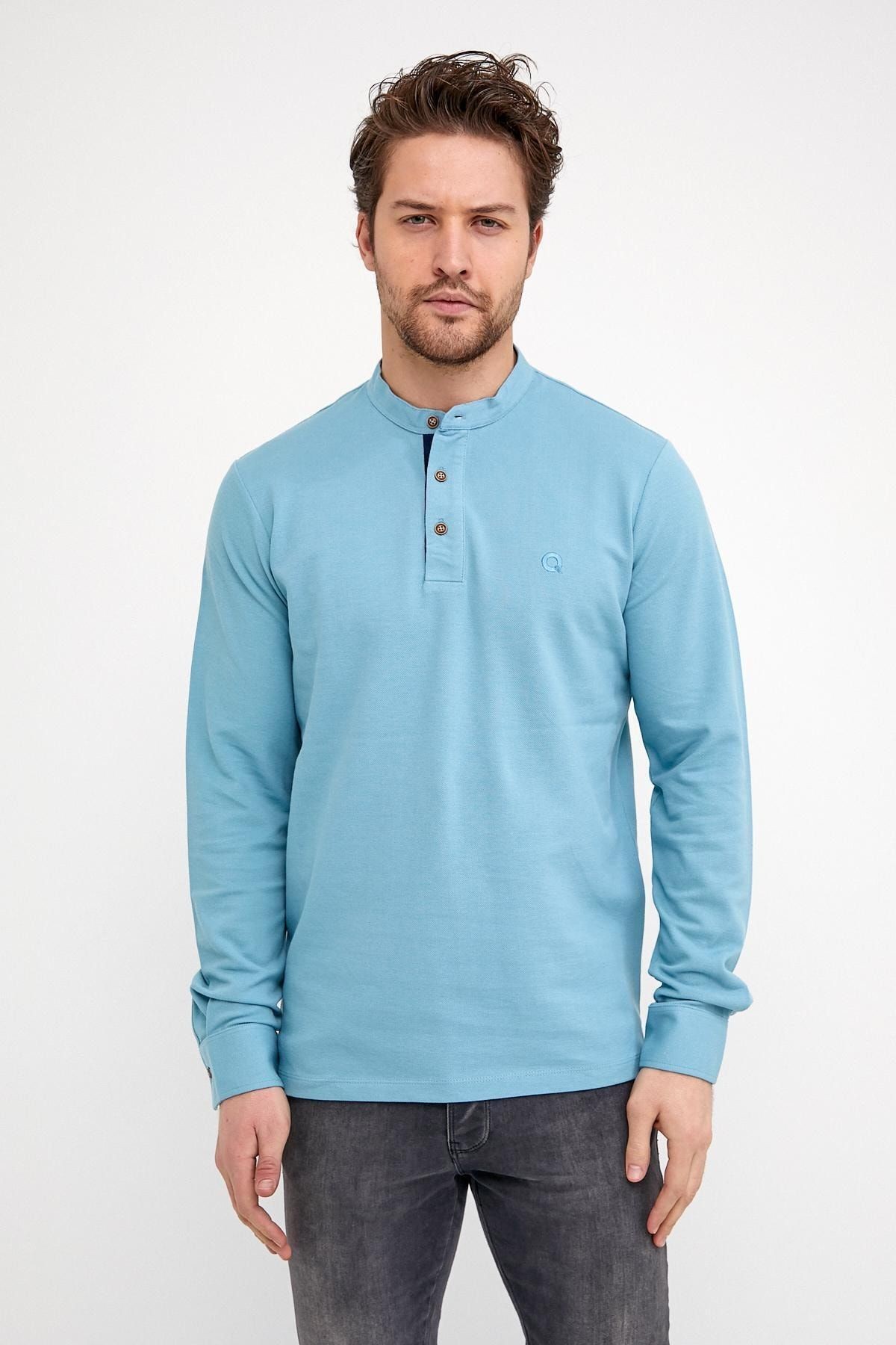 Erkek Hakim Yaka Pike Uzun Kol Sweatshirt Koyu Lacivert - Buz Mavi