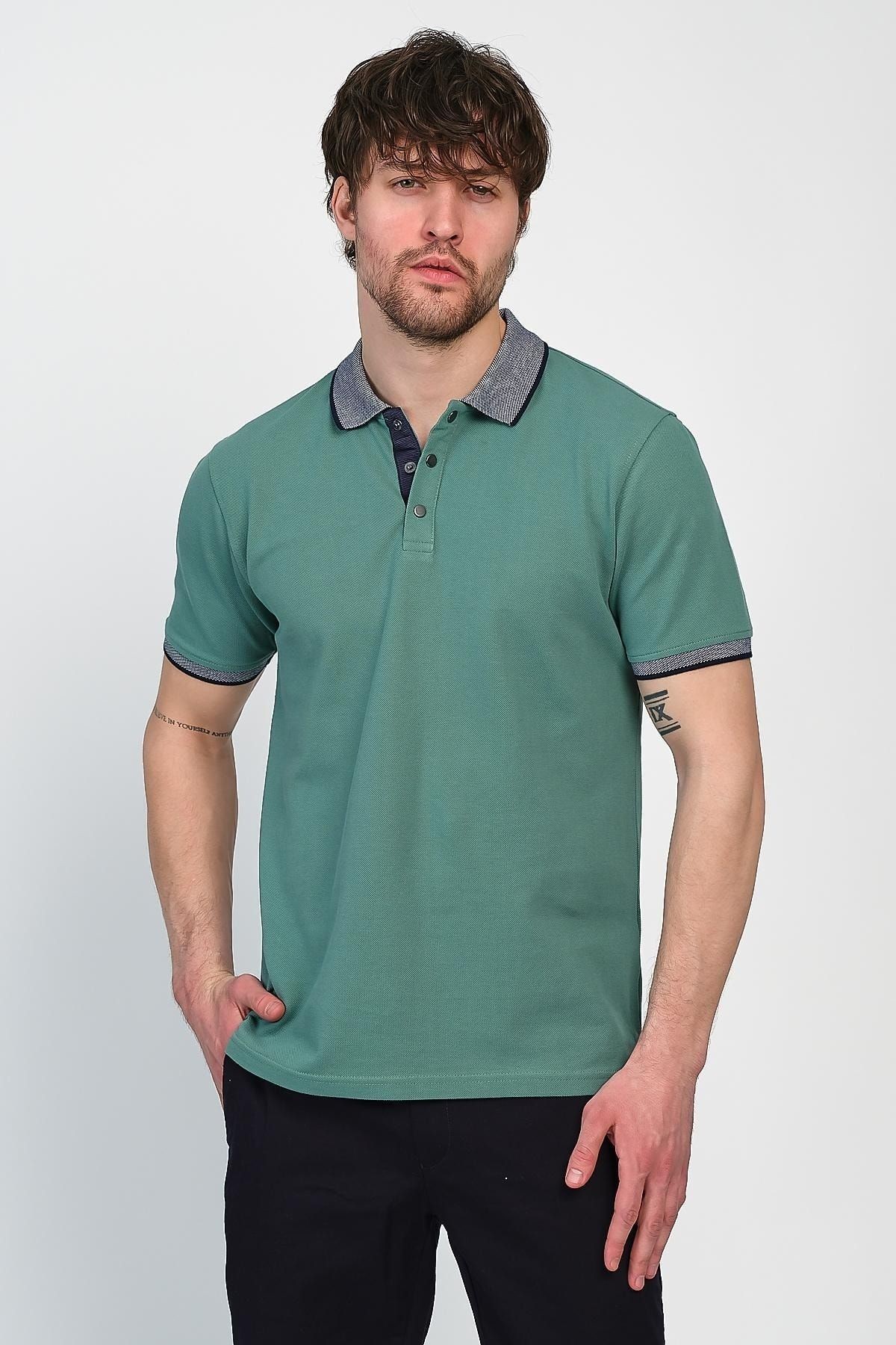 Erkek Basic Düz Kısa Kol Pudra Uzun Polo Yaka Tişört - Mint
