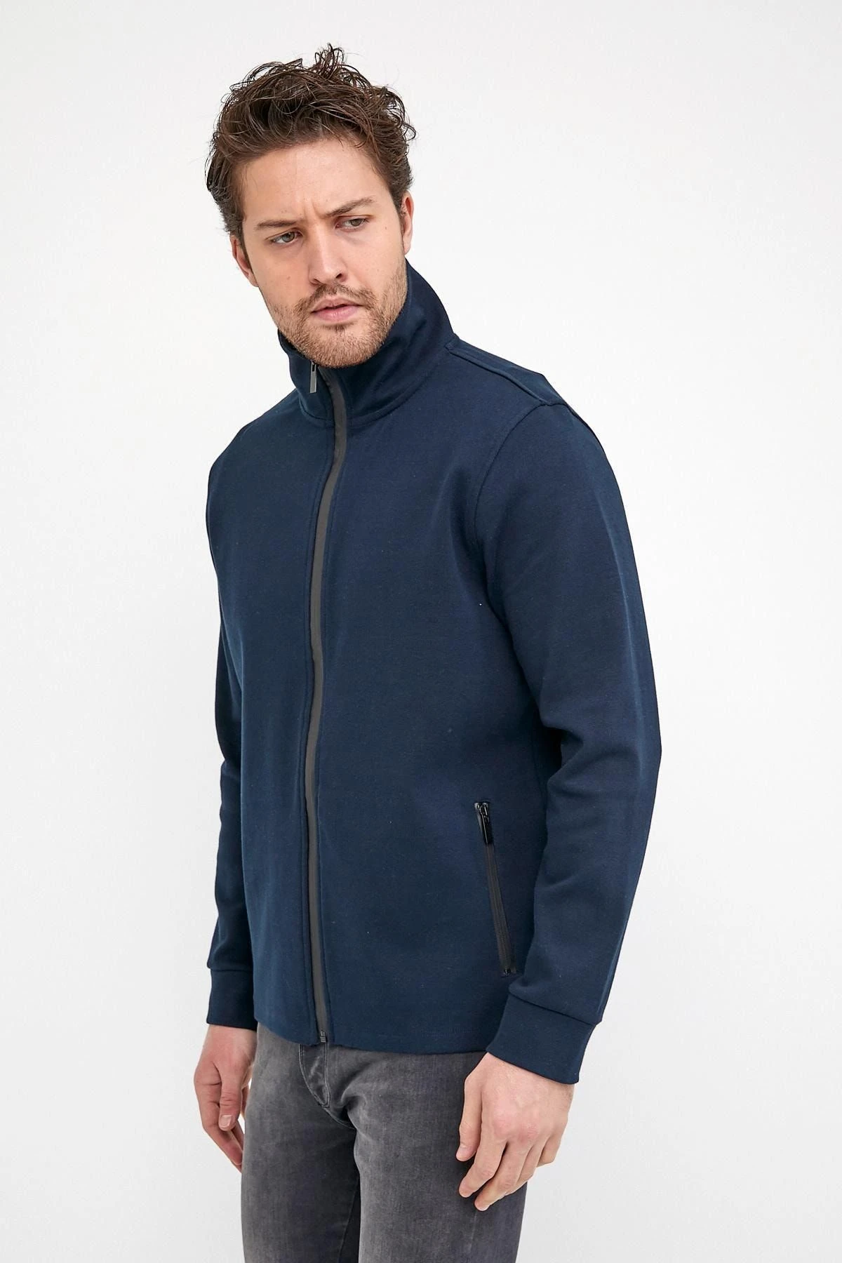 Erkek Comfort Boğazlı Fermuarlı Kışlık Lacivert Mont