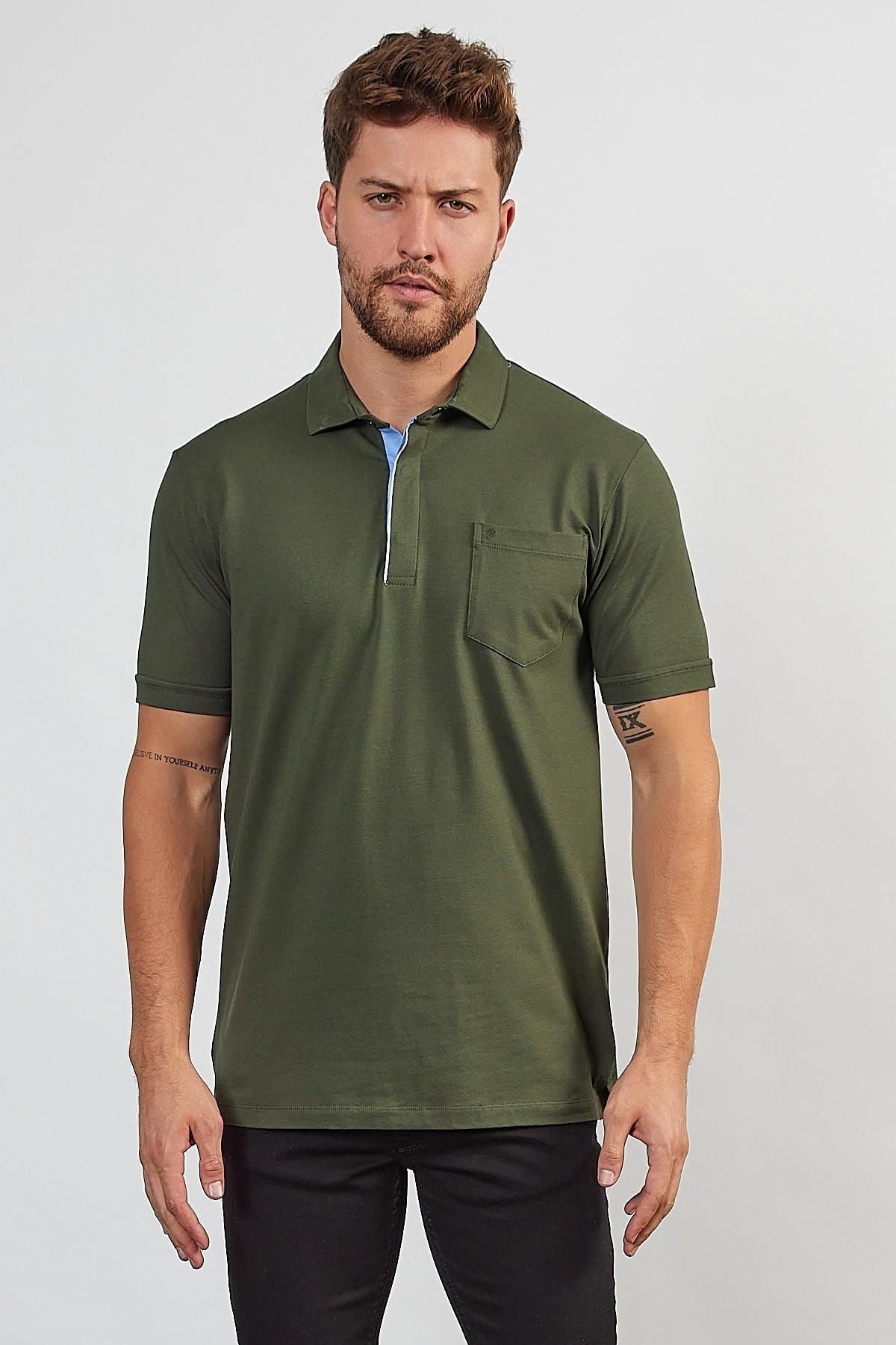 Erkek Basic Cepli Çıtçıtlı Dar Kahverengi Polo Yaka Tişört - Haki