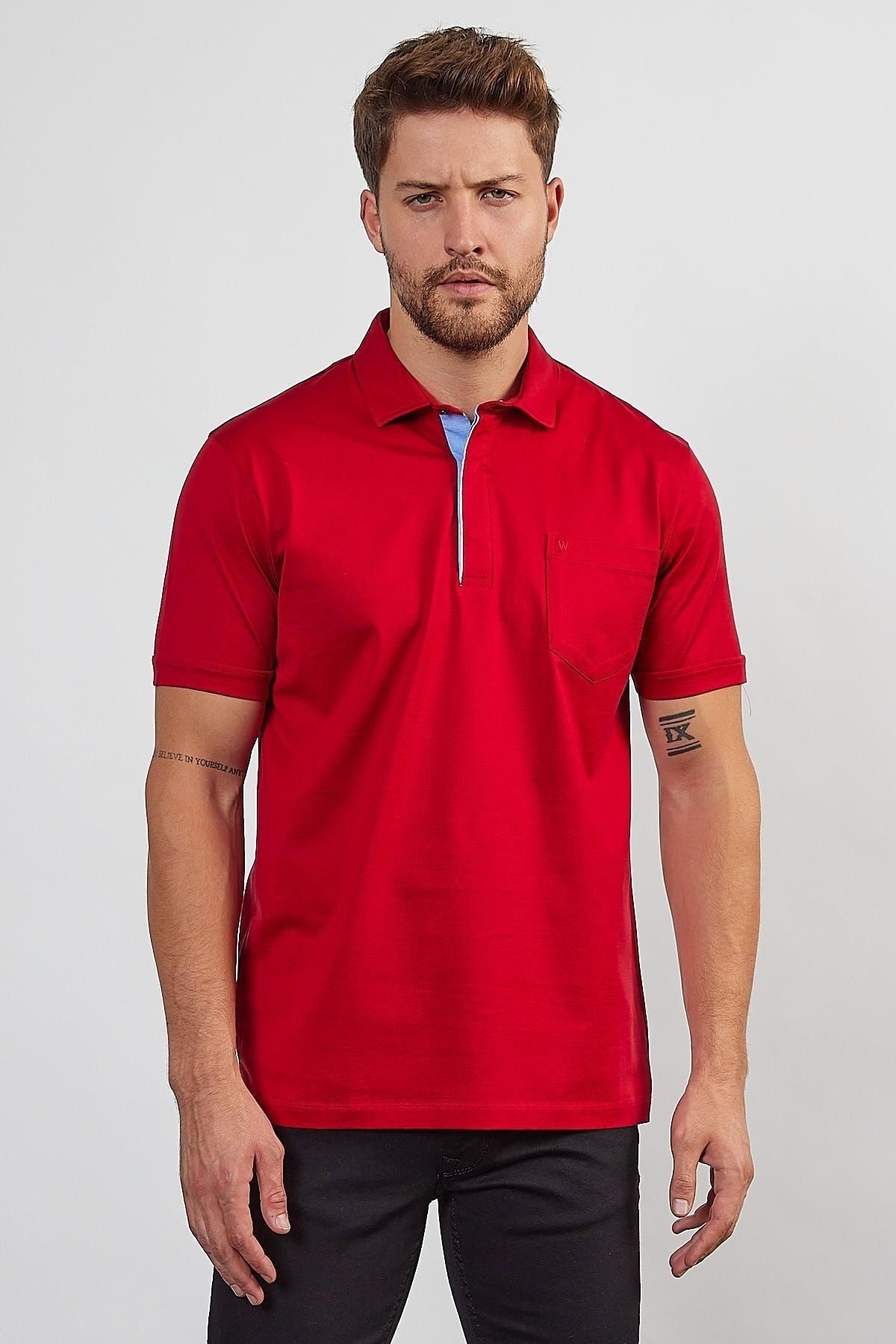 Erkek Basic Cepli Çıtçıtlı Dar Kahverengi Polo Yaka Tişört - Kırmızı