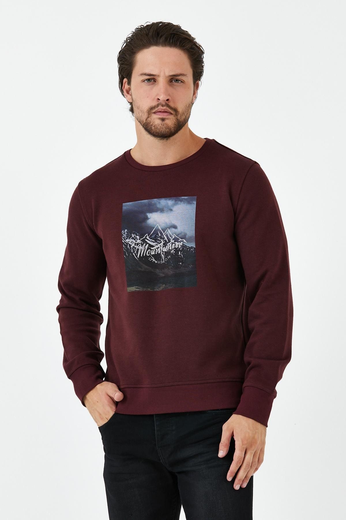 Erkek Kışlık Baskılı Bisiklet Yaka Lacivert Sweatshirt - Bordo
