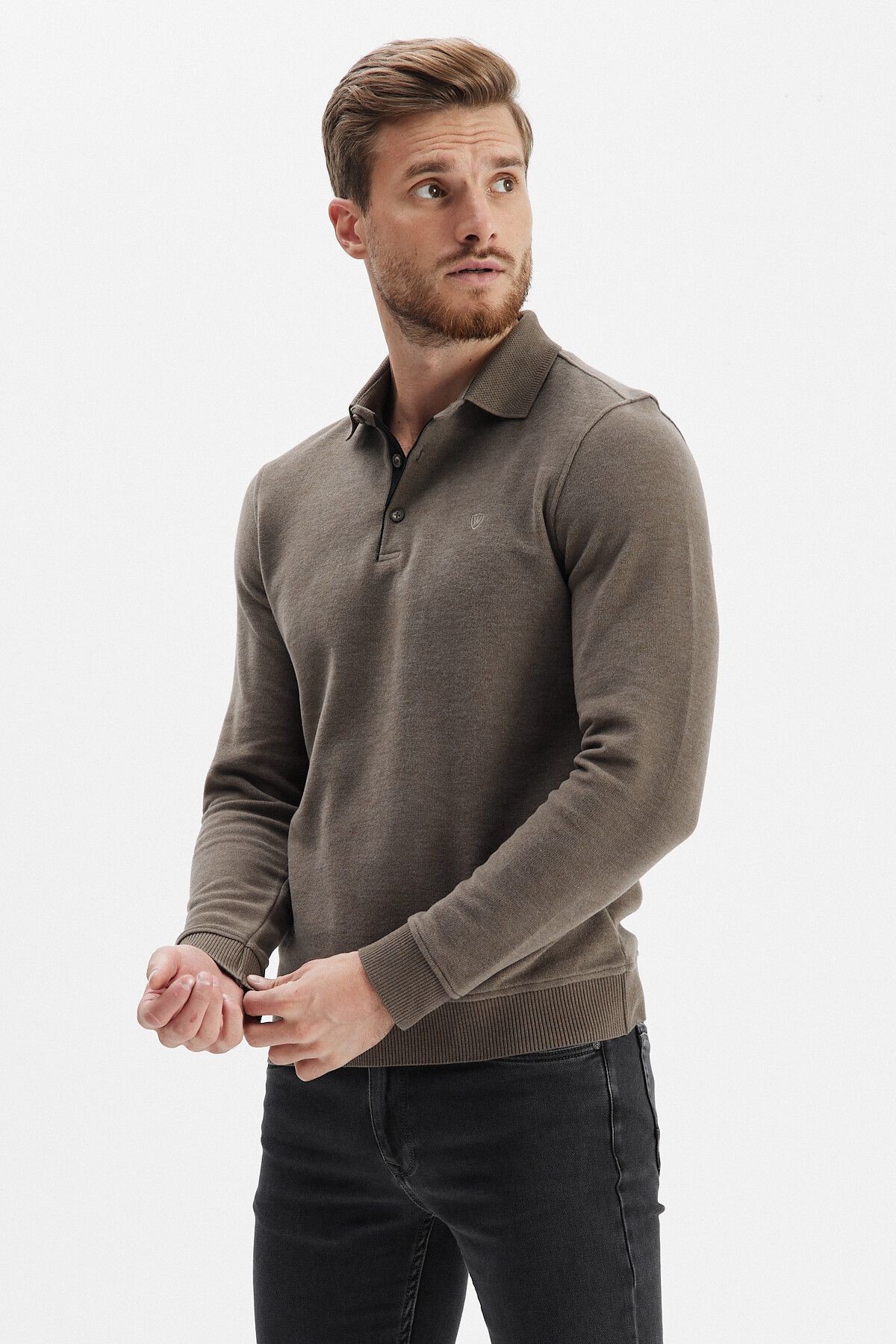 Erkek Uzun Bol Basic Polo Yaka Kışlık Vizon Sweatshirt