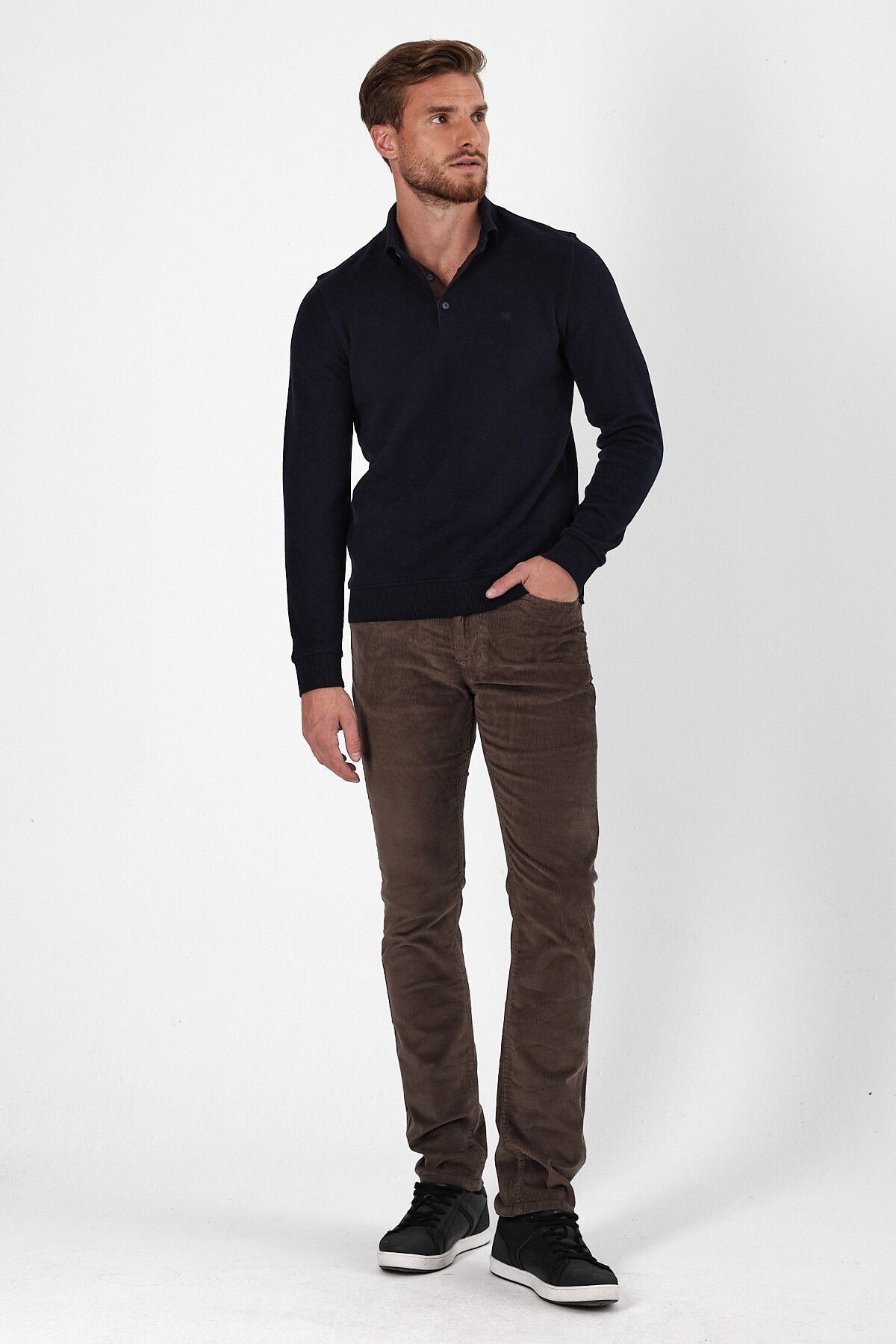 Erkek Uzun Bol Basic Polo Yaka Kışlık Vizon Sweatshirt