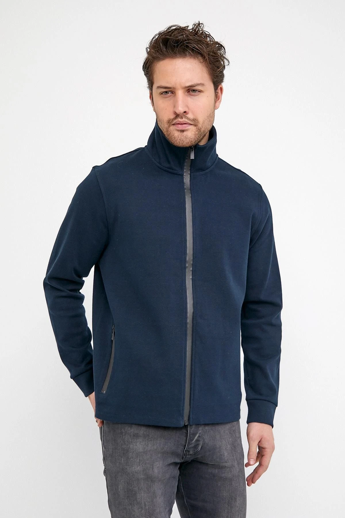 Erkek Comfort Boğazlı Fermuarlı Kışlık Lacivert Mont