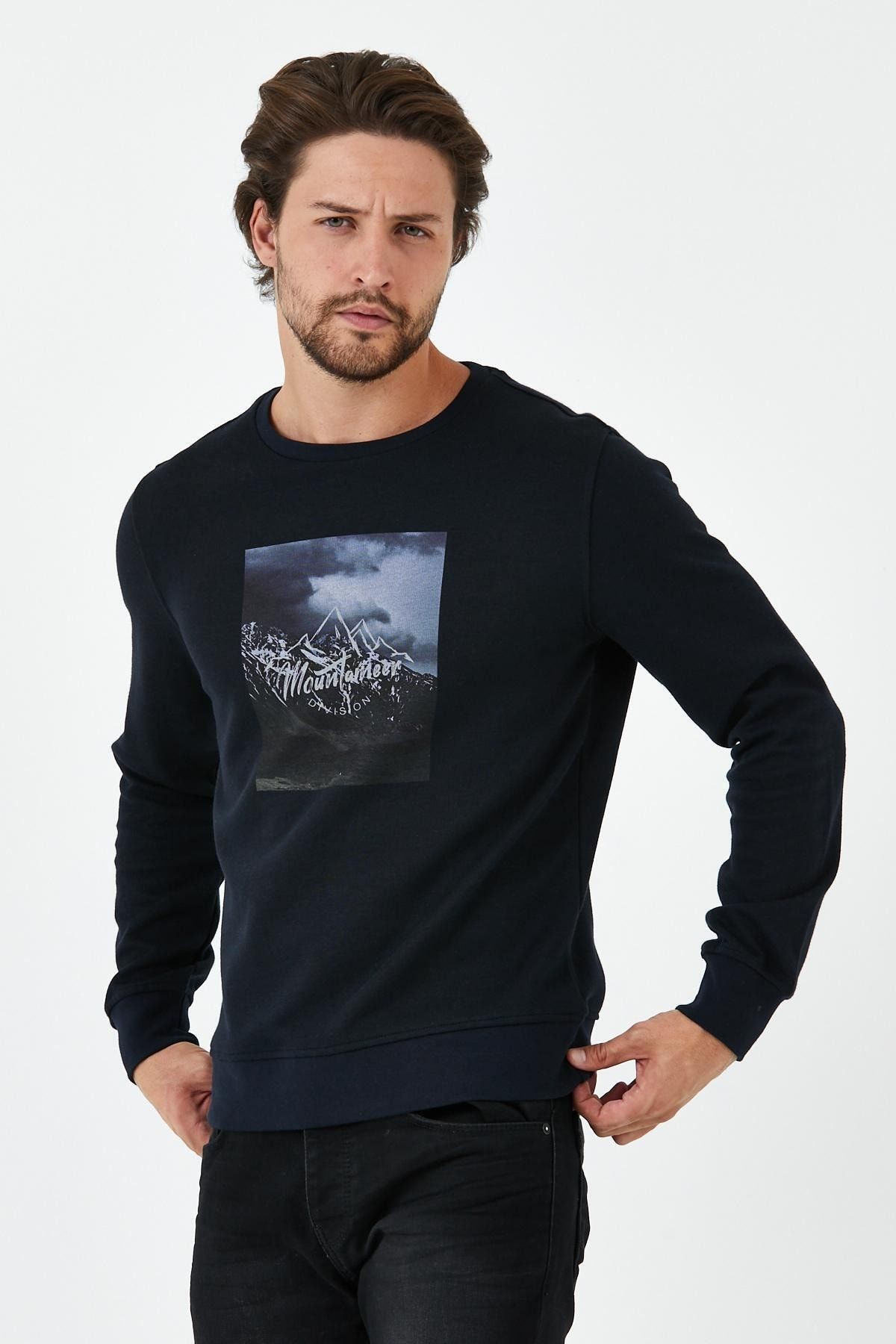 Erkek Kışlık Baskılı Bisiklet Yaka Lacivert Sweatshirt - Lacivert