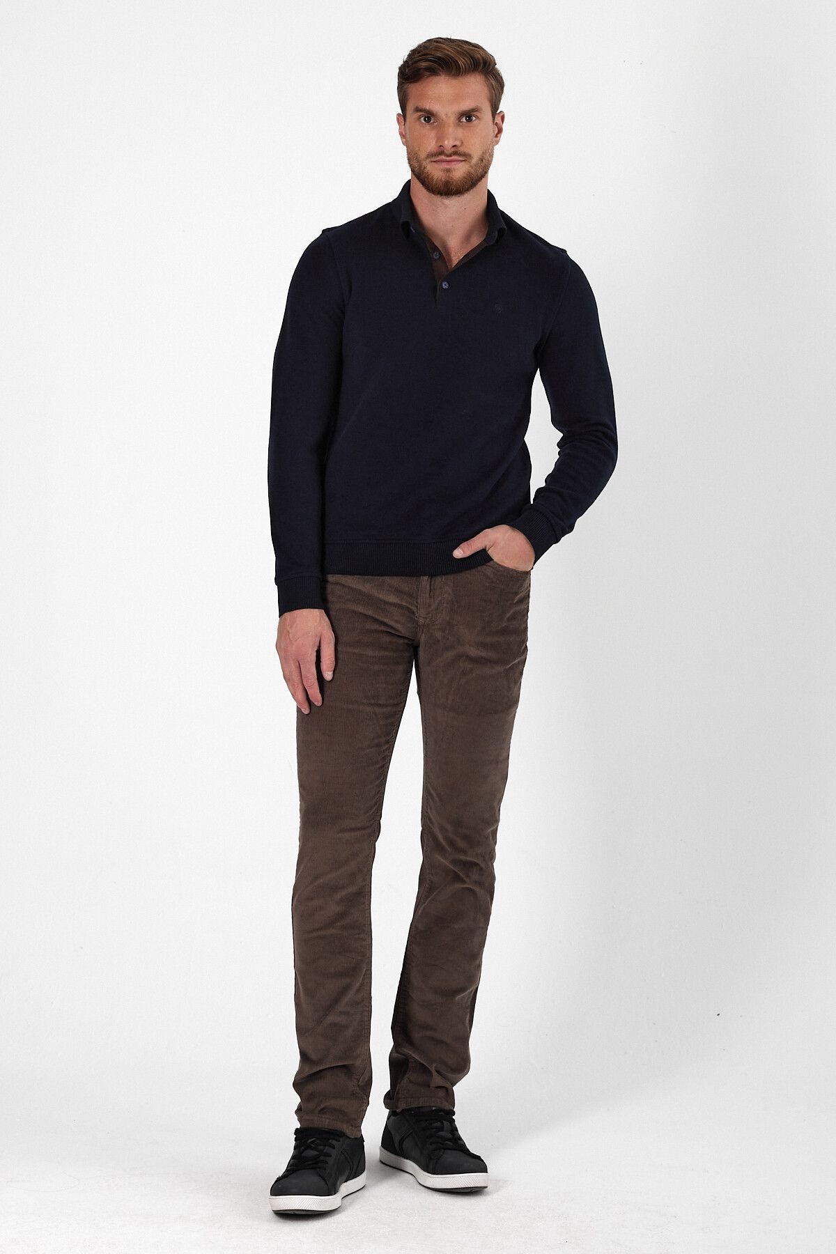 Erkek Uzun Bol Basic Polo Yaka Kışlık Vizon Sweatshirt