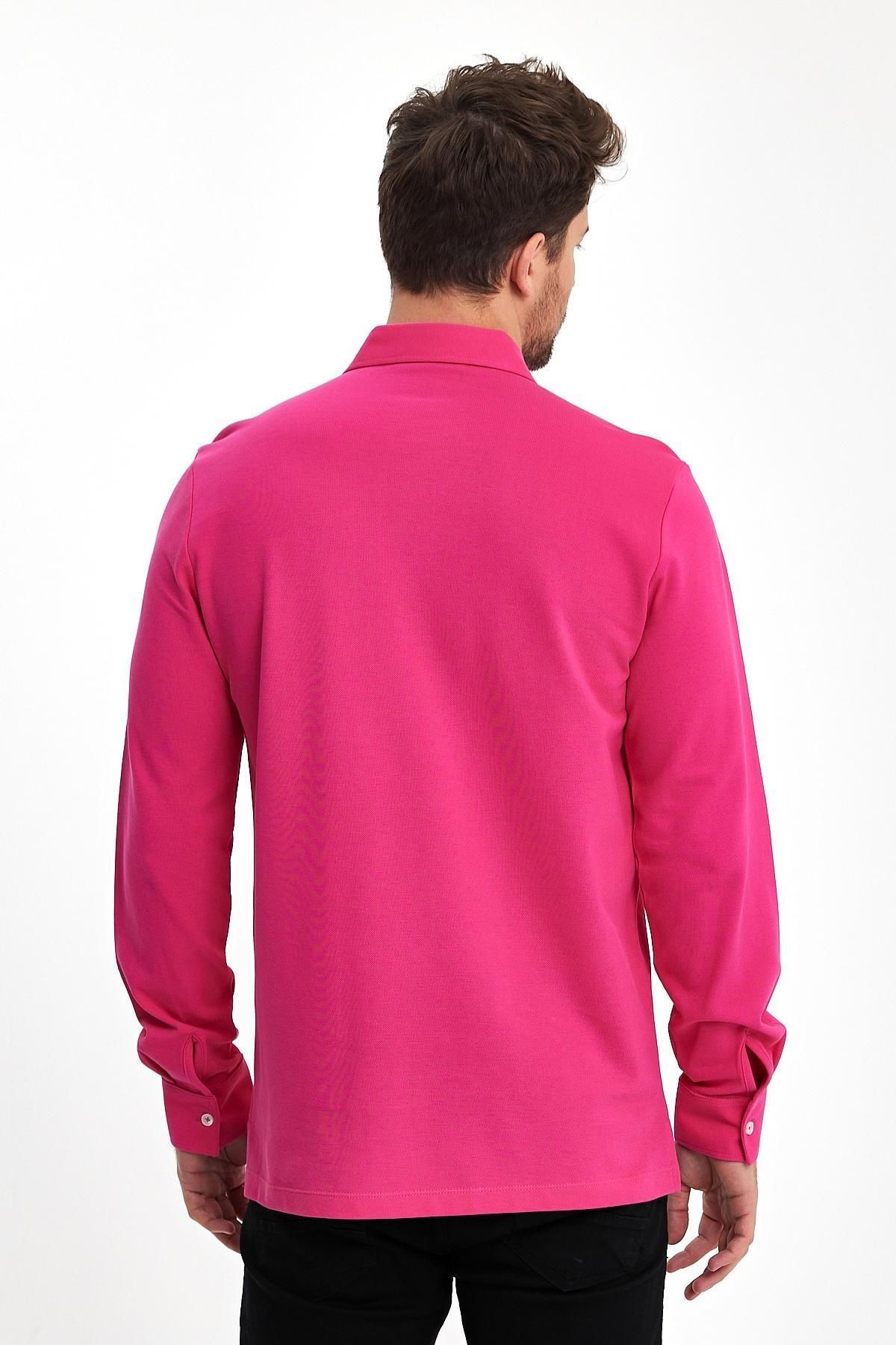 Erkek Polo Yaka Comfort Uzun Kollu Basic Fuşya Tişört