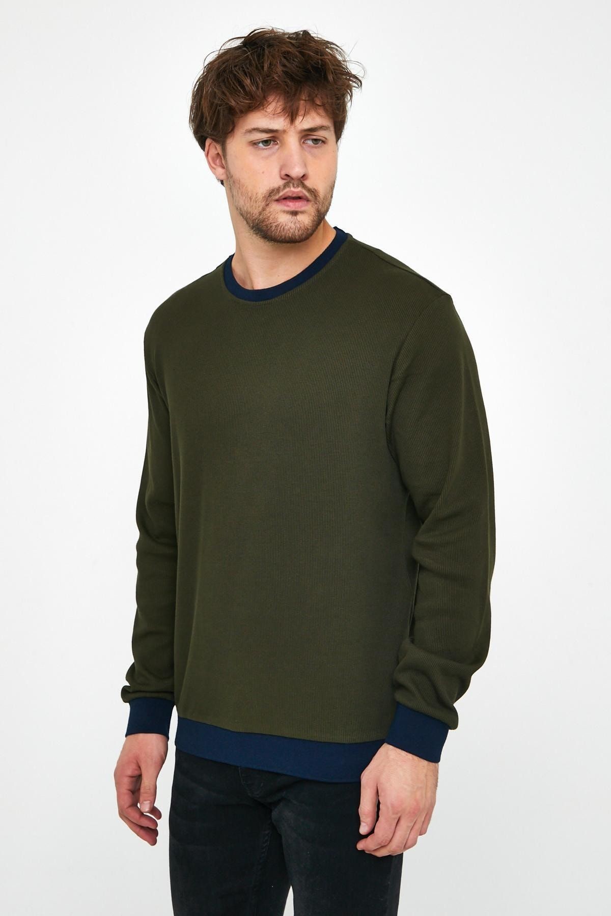 Erkek Kışlık Uzun Bisiklet Yaka Bol Haki Sweatshirt